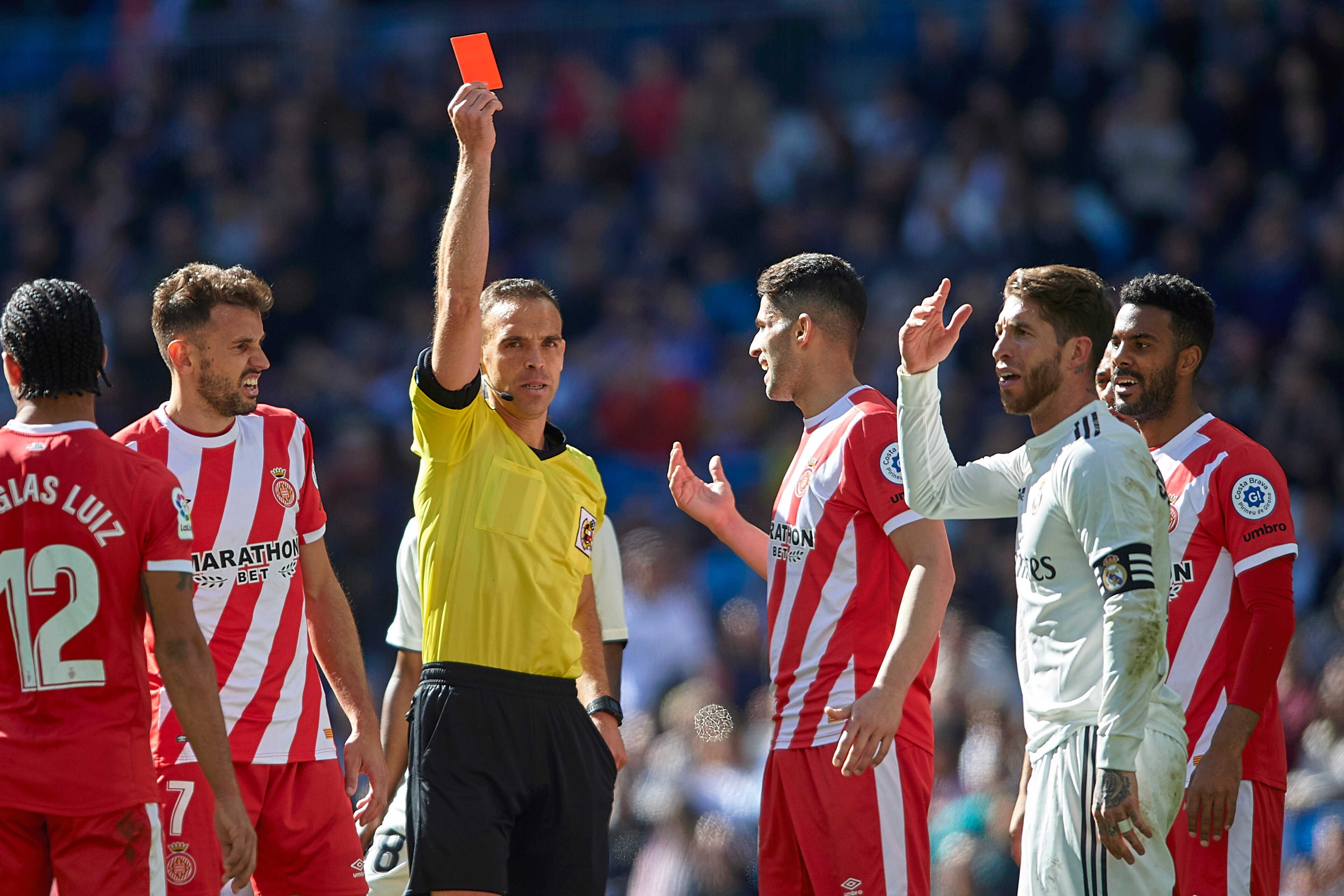 MADRID, SPAIN - FEBRUARY 17: Sergio Ramos of Real Madrid is shown a red card by referee during the La Liga match between Real Madrid CF and Girona FC at Estadio Santiago Bernabeu on February 17, 2019 in Madrid, Spain. (Photo by Quality Sport Images/Getty 