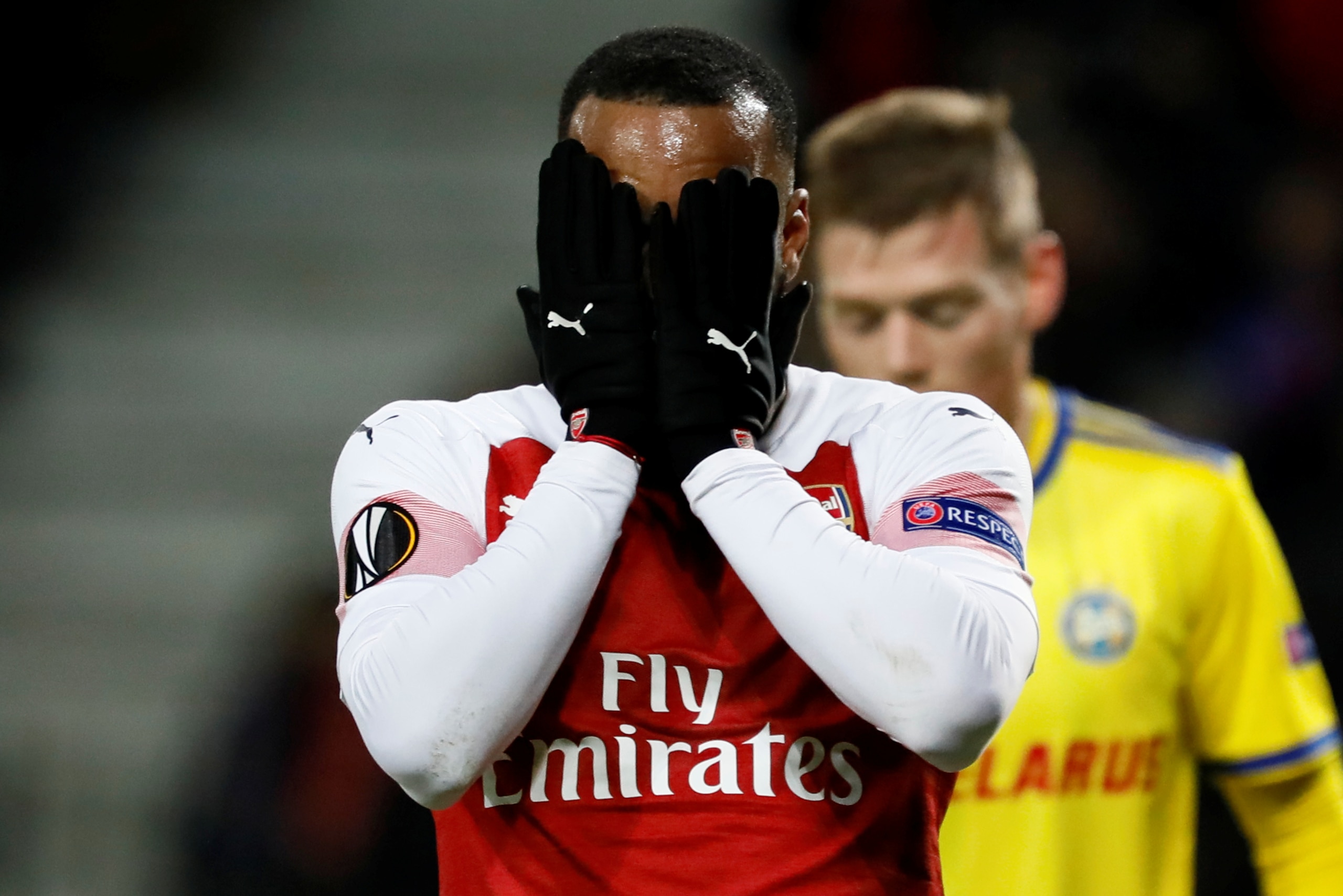 BARYSAW, BELARUS - FEBRUARY 14: Alexandre Lacazette of Arsenal reacts during the UEFA Europa League Round of 32 First Leg match between BATE Barysaw and Arsenal at Barysaw-Arena on February 14, 2019 in Barysaw, Belarus. (Photo by MB Media/Getty Images) BARYSAW, BELARUS - FEBRUARY 14: Alexandre Lacazette of Arsenal reacts during the UEFA Europa League Round of 32 First Leg match between BATE Barysaw and Arsenal at Barysaw-Arena on February 14, 2019 in Barysaw, Belarus. (Photo by MB Media/Getty Images)