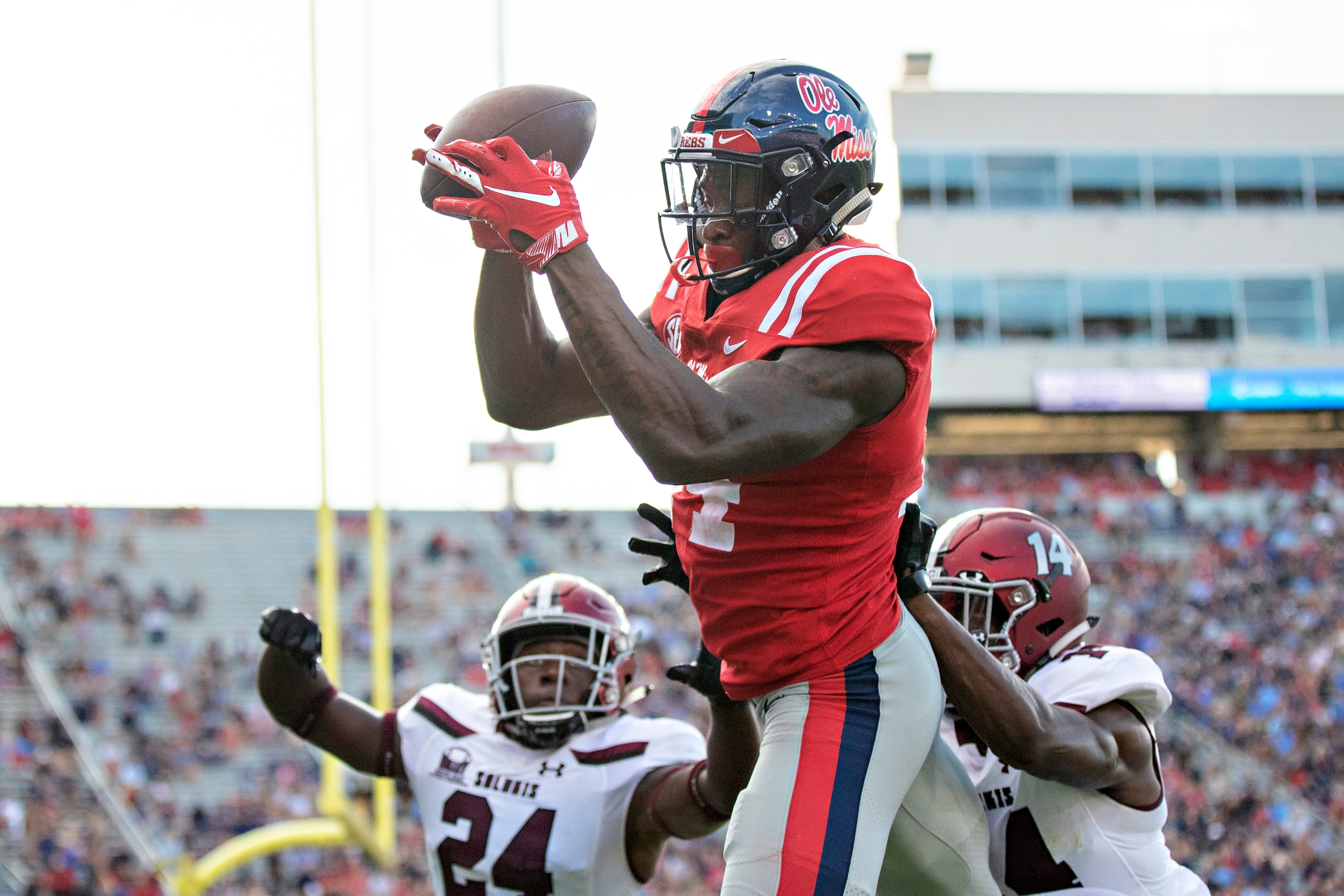 OXFORD, MS - SEPTEMBER 8: D.K. Metcalf #14 of the Mississippi Rebels catches a pass during a game against the Southern Illinois Salukis at Vaught-Hemingway Stadium on September 8, 2018 in Oxford, Mississippi. The Rebels defeated the Salukis 76-41. (Pho OXFORD, MS - SEPTEMBER 8: D.K. Metcalf #14 of the Mississippi Rebels catches a pass during a game against the Southern Illinois Salukis at Vaught-Hemingway Stadium on September 8, 2018 in Oxford, Mississippi. The Rebels defeated the Salukis 76-41. (Pho