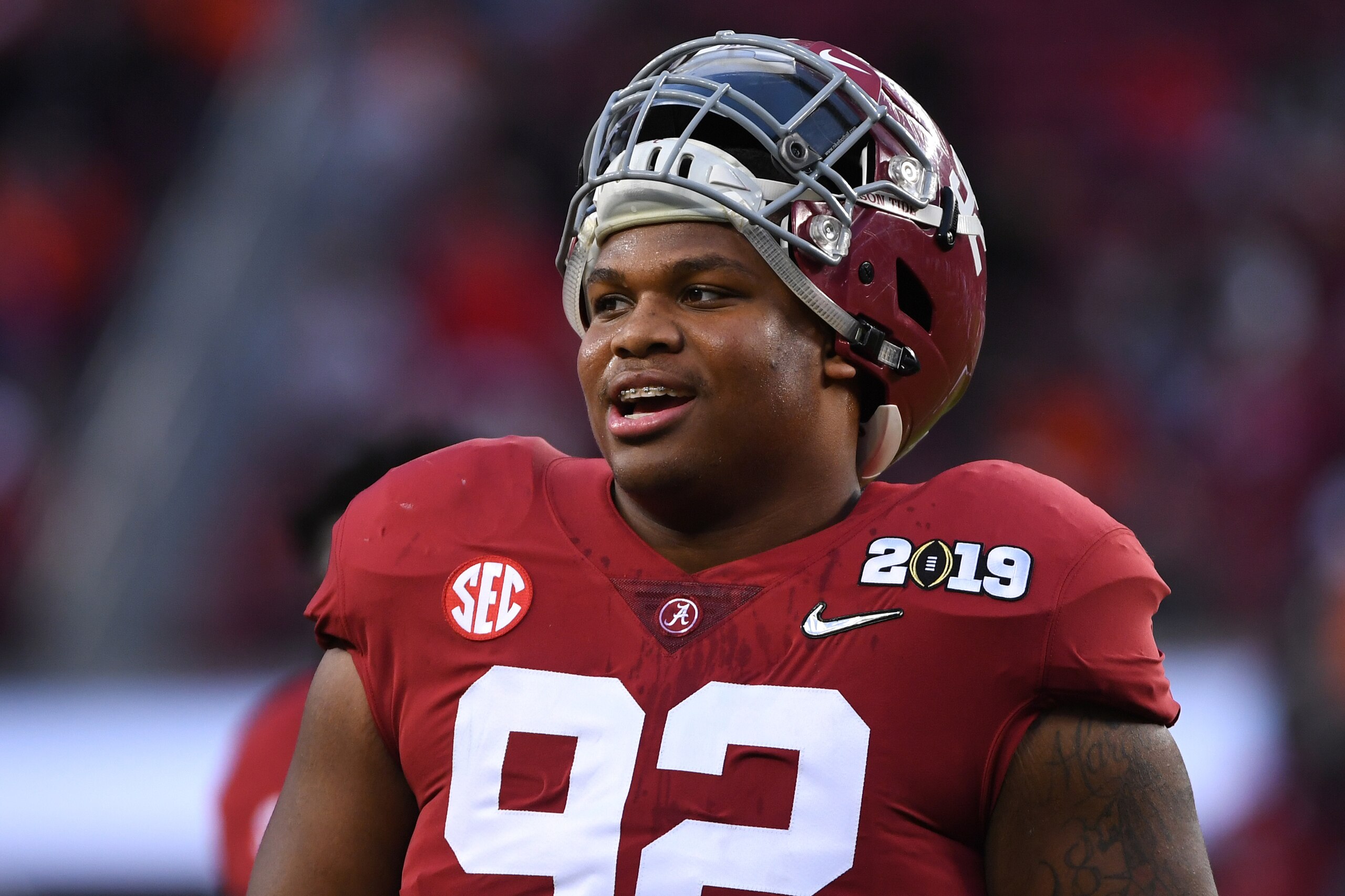 SANTA CLARA, CA - JANUARY 07: Quinnen Williams #92 of the Alabama Crimson Tide smiles before taking on the Clemson Tigers during the College Football Playoff National Championship held at Levi's Stadium on January 7, 2019 in Santa Clara, California. (Phot SANTA CLARA, CA - JANUARY 07: Quinnen Williams #92 of the Alabama Crimson Tide smiles before taking on the Clemson Tigers during the College Football Playoff National Championship held at Levi's Stadium on January 7, 2019 in Santa Clara, California. (Phot