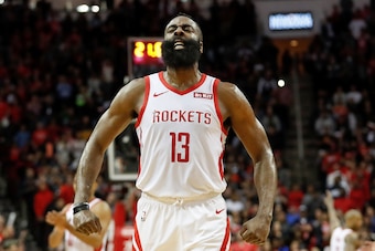HOUSTON, TX - JANUARY 27:  James Harden #13 of the Houston Rockets reacts in the fourth quarter against the Orlando Magic at Toyota Center on January 27, 2019 in Houston, Texas.  NOTE TO USER: User expressly acknowledges and agrees that, by downloading an