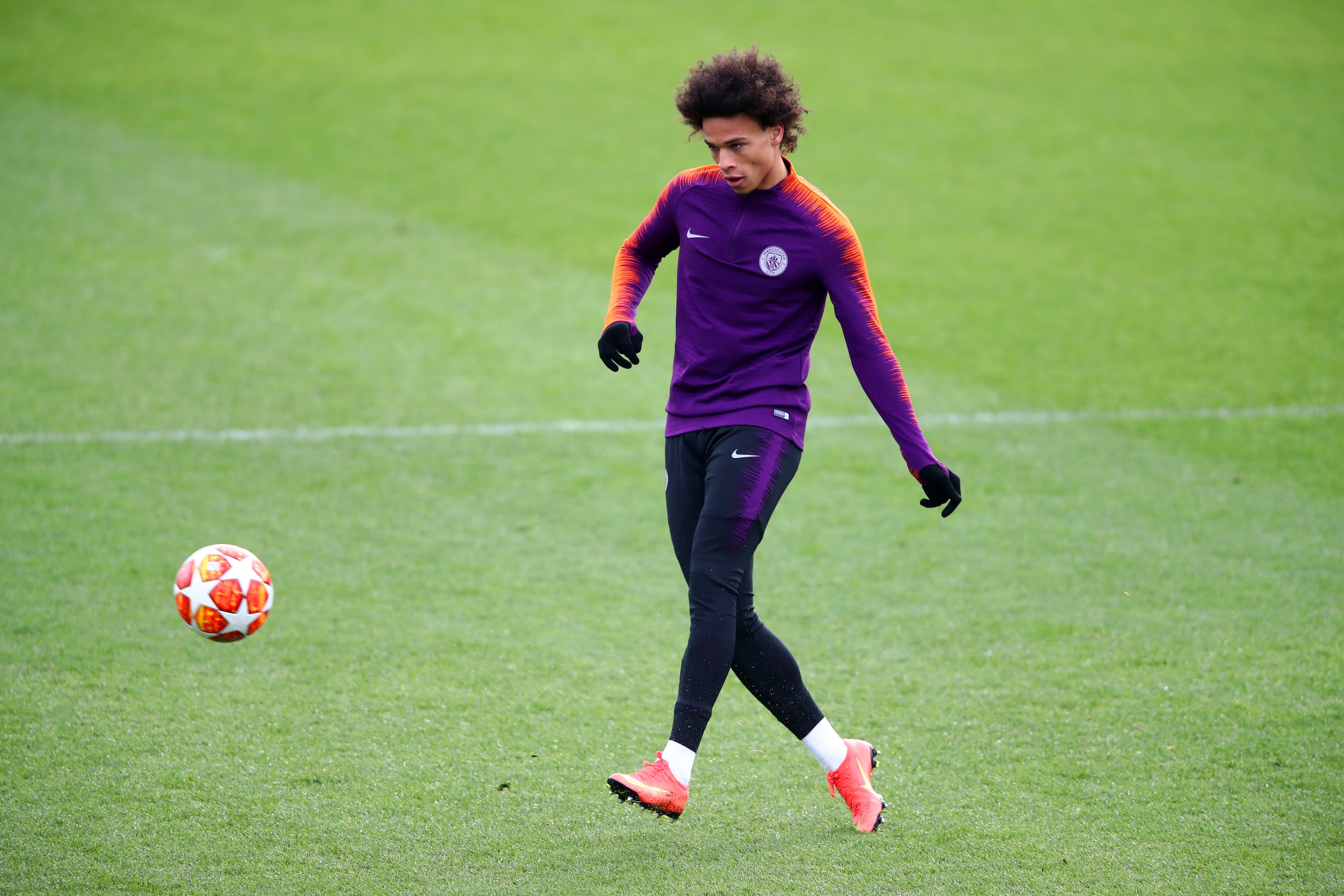 MANCHESTER, ENGLAND - FEBRUARY 19:  Leroy Sane in action during a Manchester City training session at Manchester City Football Academy on February 19, 2019 in Manchester, England. (Photo by Clive Brunskill/Getty Images)