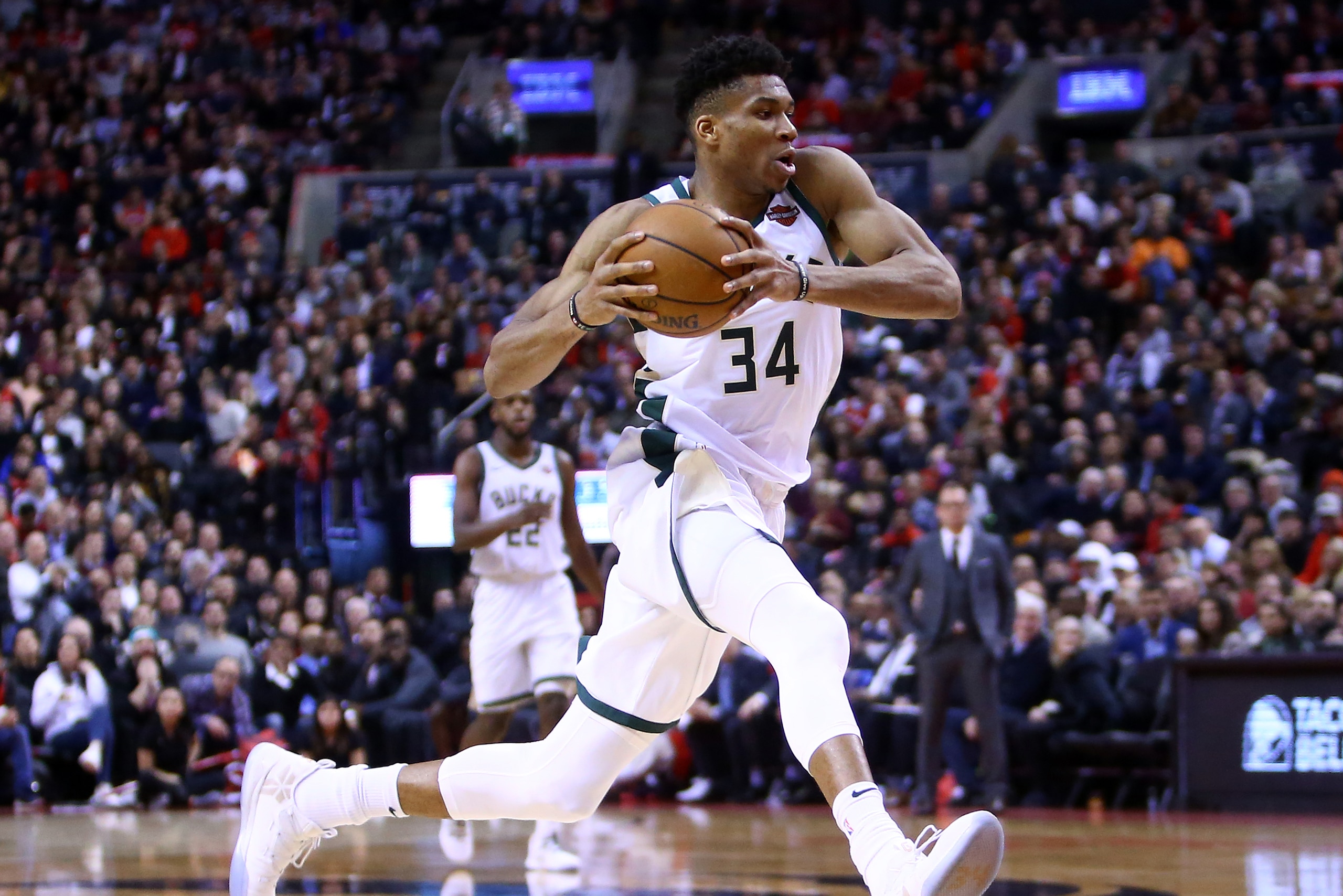 TORONTO, ON - JANUARY 31:  Giannis Antetokounmpo #34 of the Milwaukee Bucks dribbles the ball during the second half of an NBA game against the Toronto Raptors at Scotiabank Arena on January 31, 2019 in Toronto, Canada.  NOTE TO USER: User expressly ackno