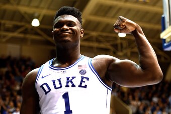 DURHAM, NC - FEBRUARY 16: Zion Williamson #1 of the Duke Blue Devils reacts during their game against the North Carolina State Wolfpack at Cameron Indoor Stadium on February 16, 2019 in Durham, North Carolina. Duke won 94-78. (Photo by Lance King/Getty Im
