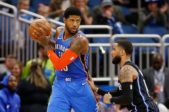 ORLANDO, FLORIDA - JANUARY 29:  Paul George #13 of the Oklahoma City Thunder in action against the Orlando Magic during the first half at Amway Center on January 29, 2019 in Orlando, Florida. NOTE TO USER: User expressly acknowledges and agrees that, by d