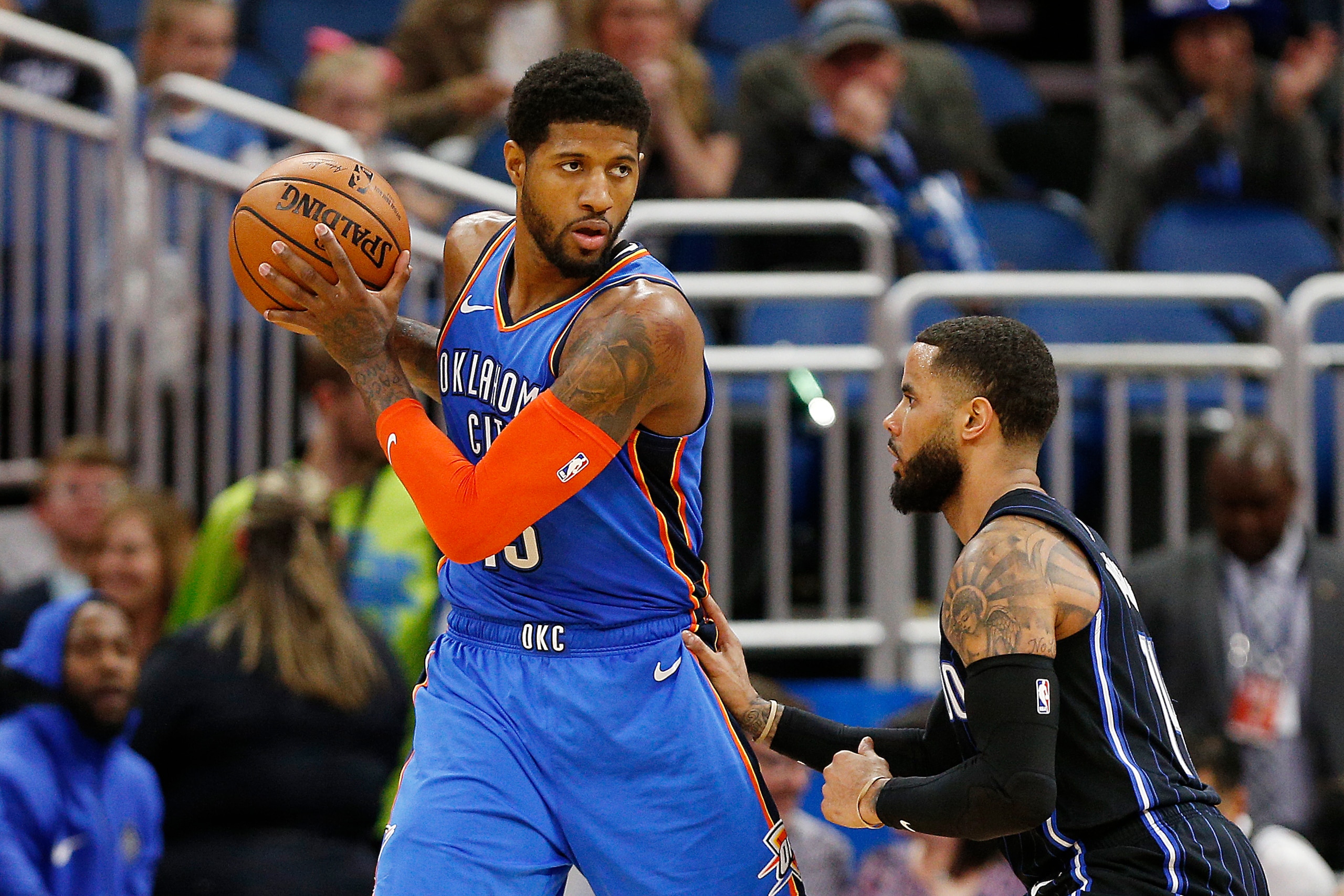 ORLANDO, FLORIDA - JANUARY 29:  Paul George #13 of the Oklahoma City Thunder in action against the Orlando Magic during the first half at Amway Center on January 29, 2019 in Orlando, Florida. NOTE TO USER: User expressly acknowledges and agrees that, by d