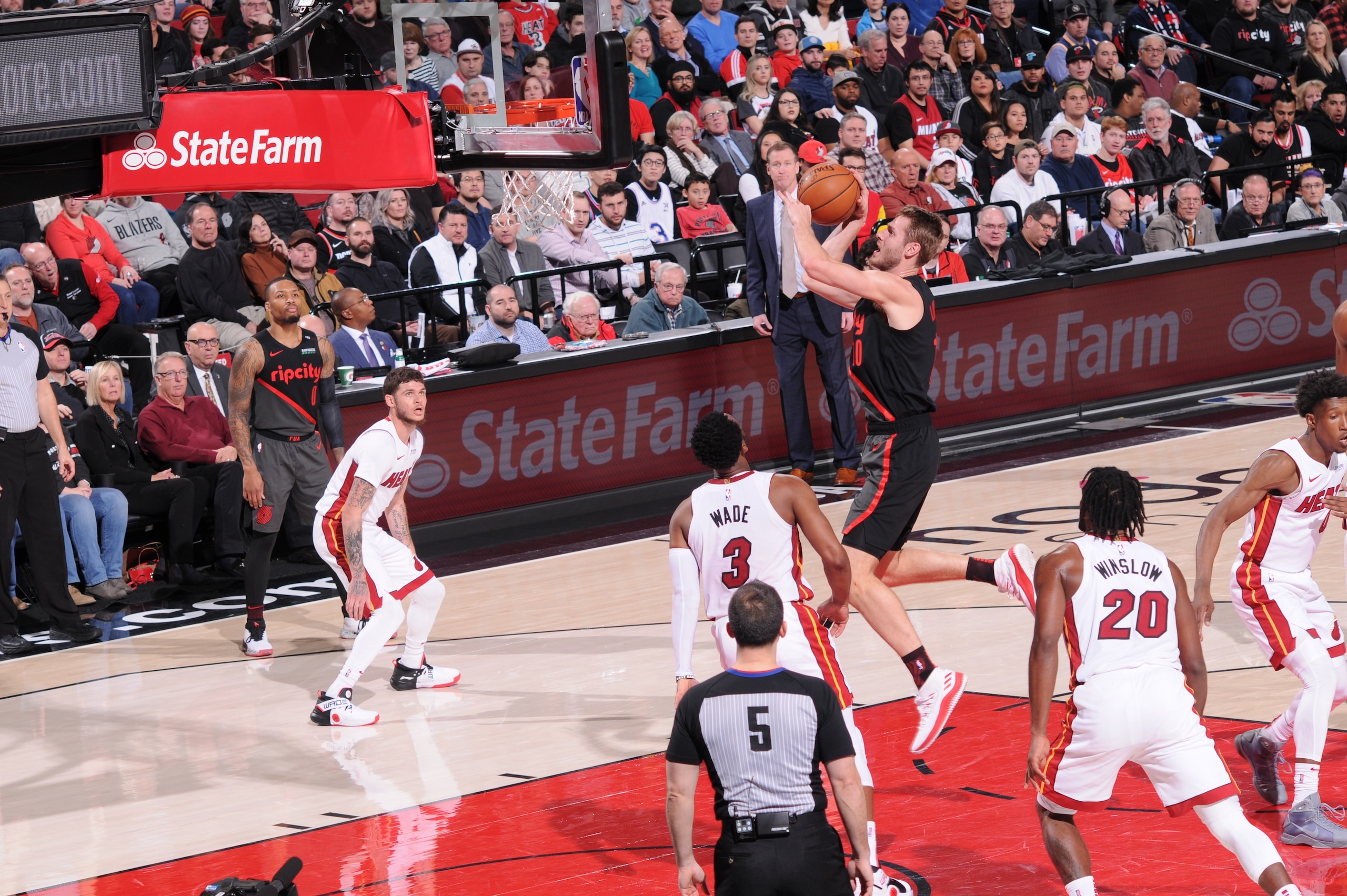 PORTLAND, OR - FEBRUARY 5: Jake Layman #10 of the Portland Trail Blazers goes to the basket against the Miami Heat on February 5, 2019 at the Moda Center Arena in Portland, Oregon. NOTE TO USER: User expressly acknowledges and agrees that, by downloading 