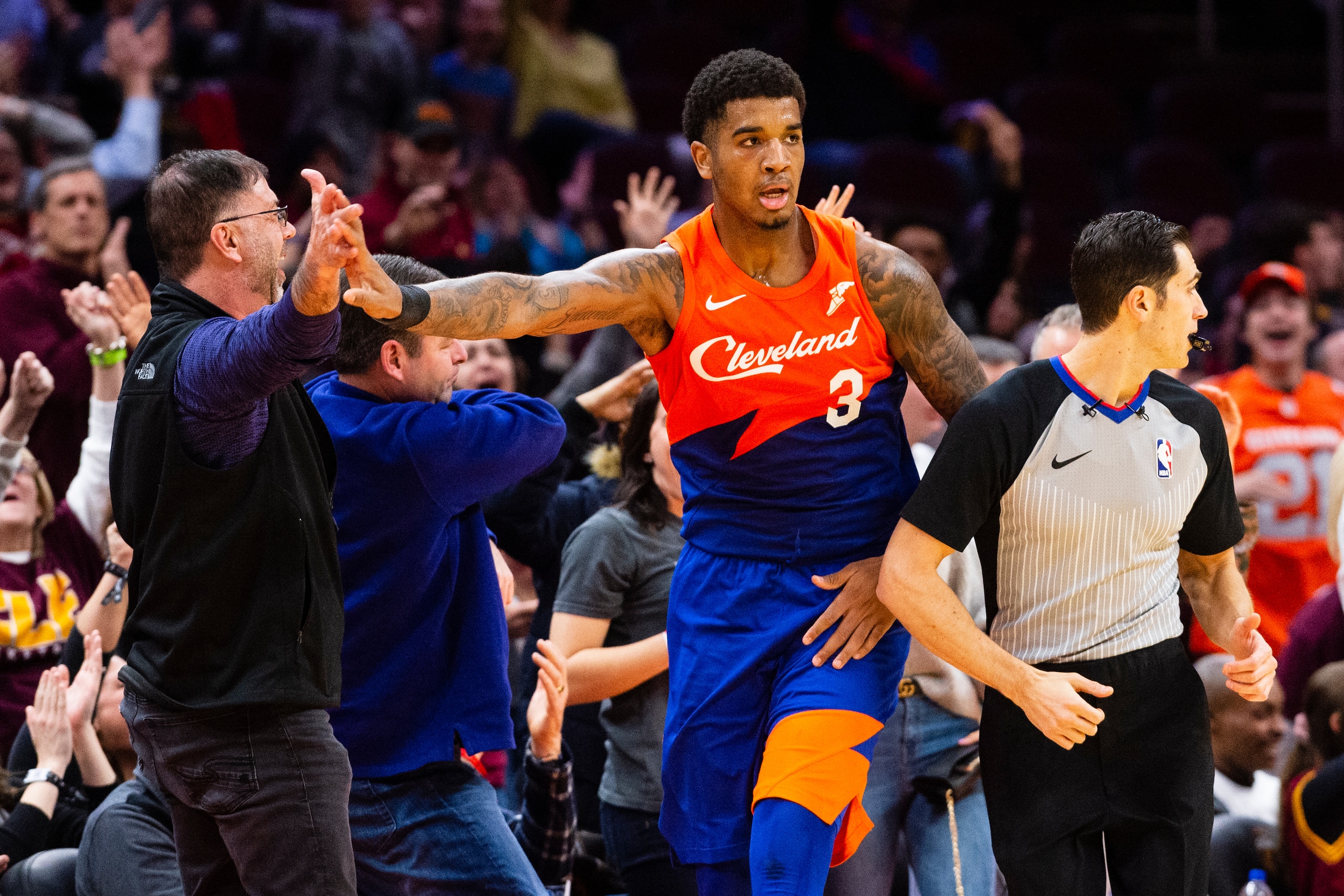CLEVELAND, OH - FEBRUARY 13: Marquese Chriss #3 of the Cleveland Cavaliers celebrates after scoring during the second overtime against the Brooklyn Nets at Quicken Loans Arena on February 13, 2019 in Cleveland, Ohio. The Nets defeated the Cavaliers 148-13