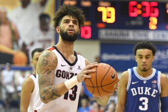 LAHAINA, HI - NOVEMBER 21:  Josh Perkins #13 of the Gonzaga Bulldogs takes a foul shot during the finals of the Maui Invitational college basketball game against the Duke Blue Devils at the Lahaina Civic Center on November 21, 2018 in Lahaina Hawaii.  (Ph