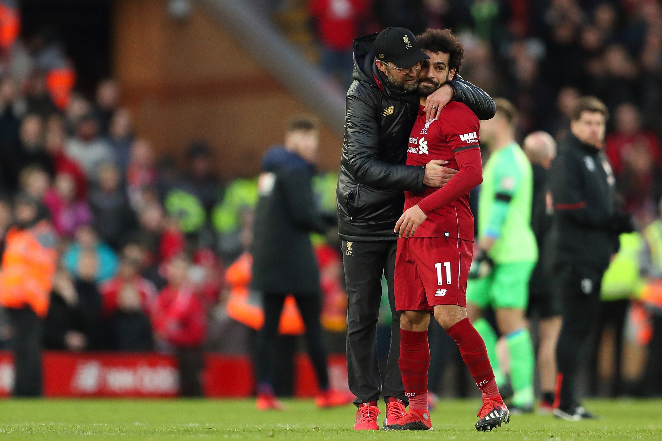 LIVERPOOL, ENGLAND - FEBRUARY 09: Liverpool manager \ head coach Jurgen Klopp and Mohamed Salah of Liverpool during the Premier League match between Liverpool FC and AFC Bournemouth at Anfield on February 9, 2019 in Liverpool, United Kingdom. (Photo by Ja
