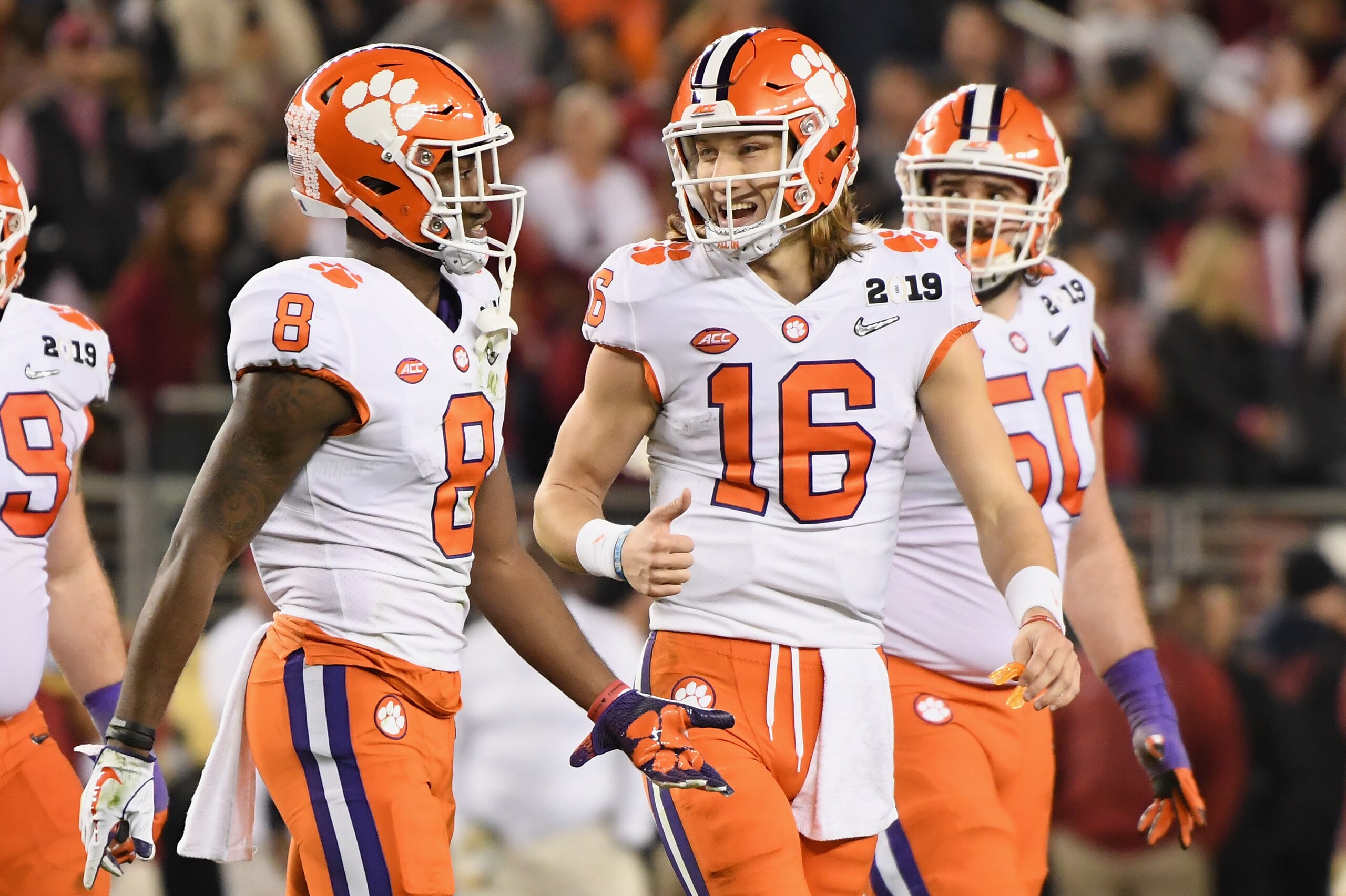 SANTA CLARA, CA - JANUARY 07:  Justyn Ross #8 and Trevor Lawrence #16 of the Clemson Tigers react against the Alabama Crimson Tide in the CFP National Championship presented by AT&T at Levi's Stadium on January 7, 2019 in Santa Clara, California.  (Photo 