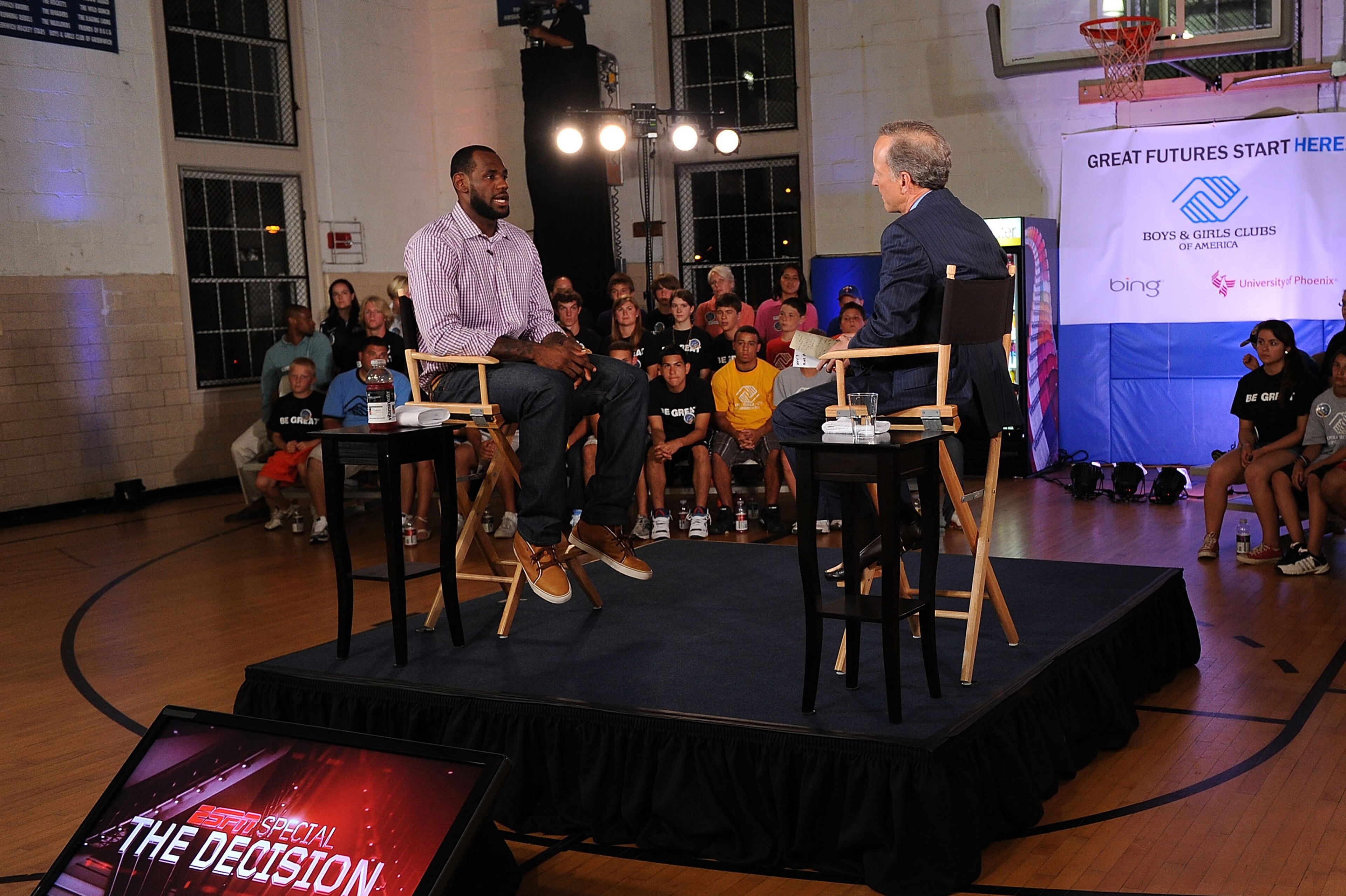 GREENWICH, CT - JULY 08:  LeBron James and ESPN's Jim Gray speak at the LeBron James announcement of his future NBA plans at the  Boys & Girls Club of America on July 8, 2010 in Greenwich, Connecticut. James announced during a live broadcast on ESPN that 