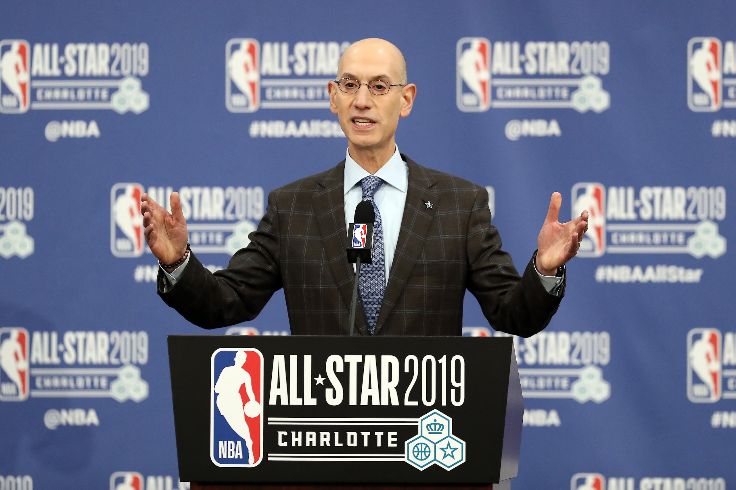CHARLOTTE, NORTH CAROLINA - FEBRUARY 16: Adam Silver, NBA Commissioner, talks to the media during the NBA All Star Commissioner's Media Availability as part of the 2019 NBA All-Star Weekend at Spectrum Center on February 16, 2019 in Charlotte, North Carol