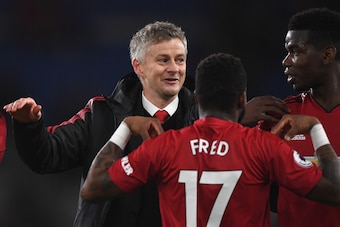 CARDIFF, WALES - DECEMBER 22:  Ole Gunnar Solskjaer, Interim Manager of Manchester United celebrates with Fred and Paul Pogba after the Premier League match between Cardiff City and Manchester United at Cardiff City Stadium on December 22, 2018 in Cardiff