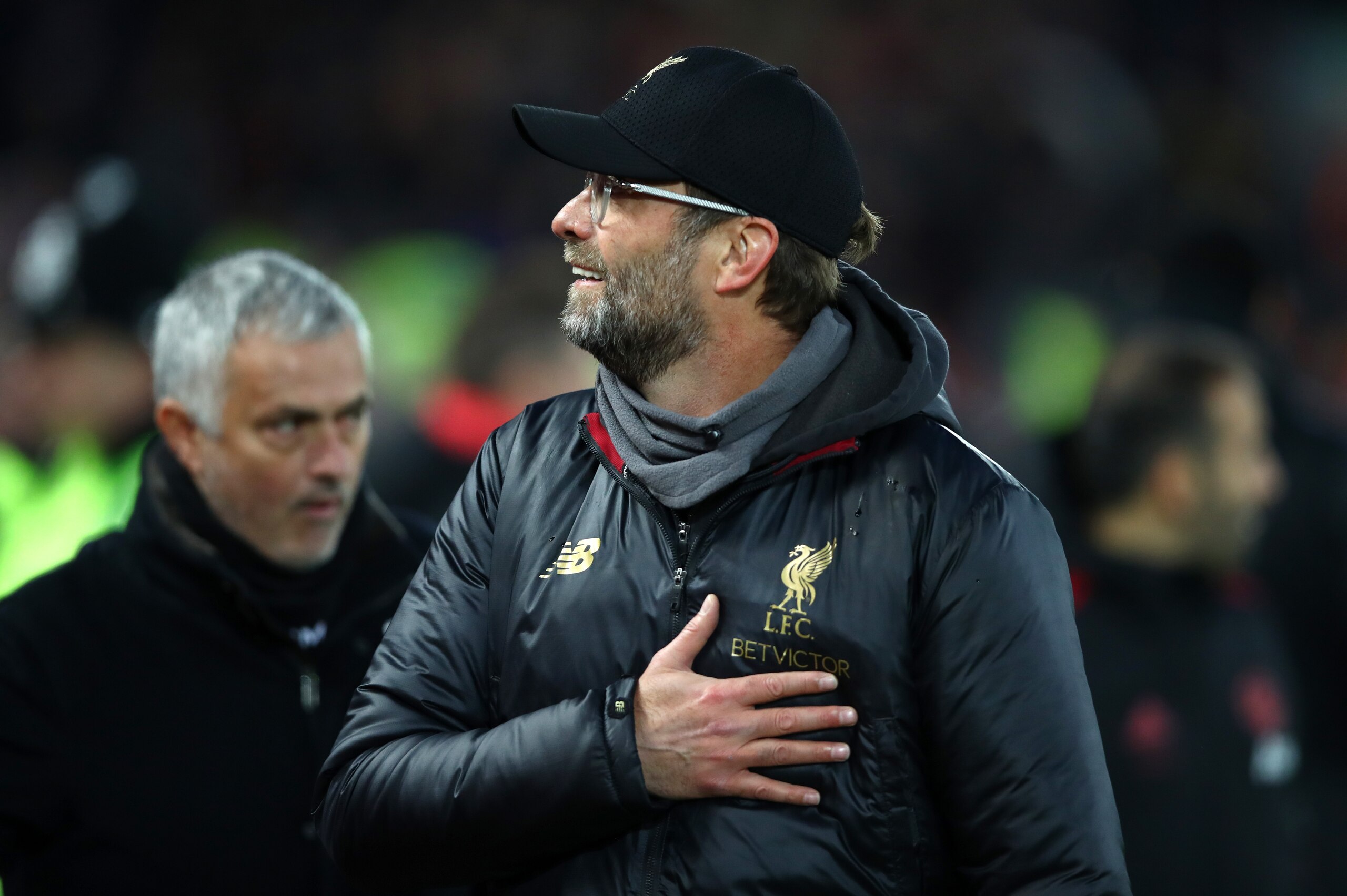 LIVERPOOL, ENGLAND - DECEMBER 16:  Jurgen Klopp, Manager of Liverpool and Jose Mourinho, Manager of Manchester United looks on prior to the Premier League match between Liverpool FC and Manchester United at Anfield on December 16, 2018 in Liverpool, Unite