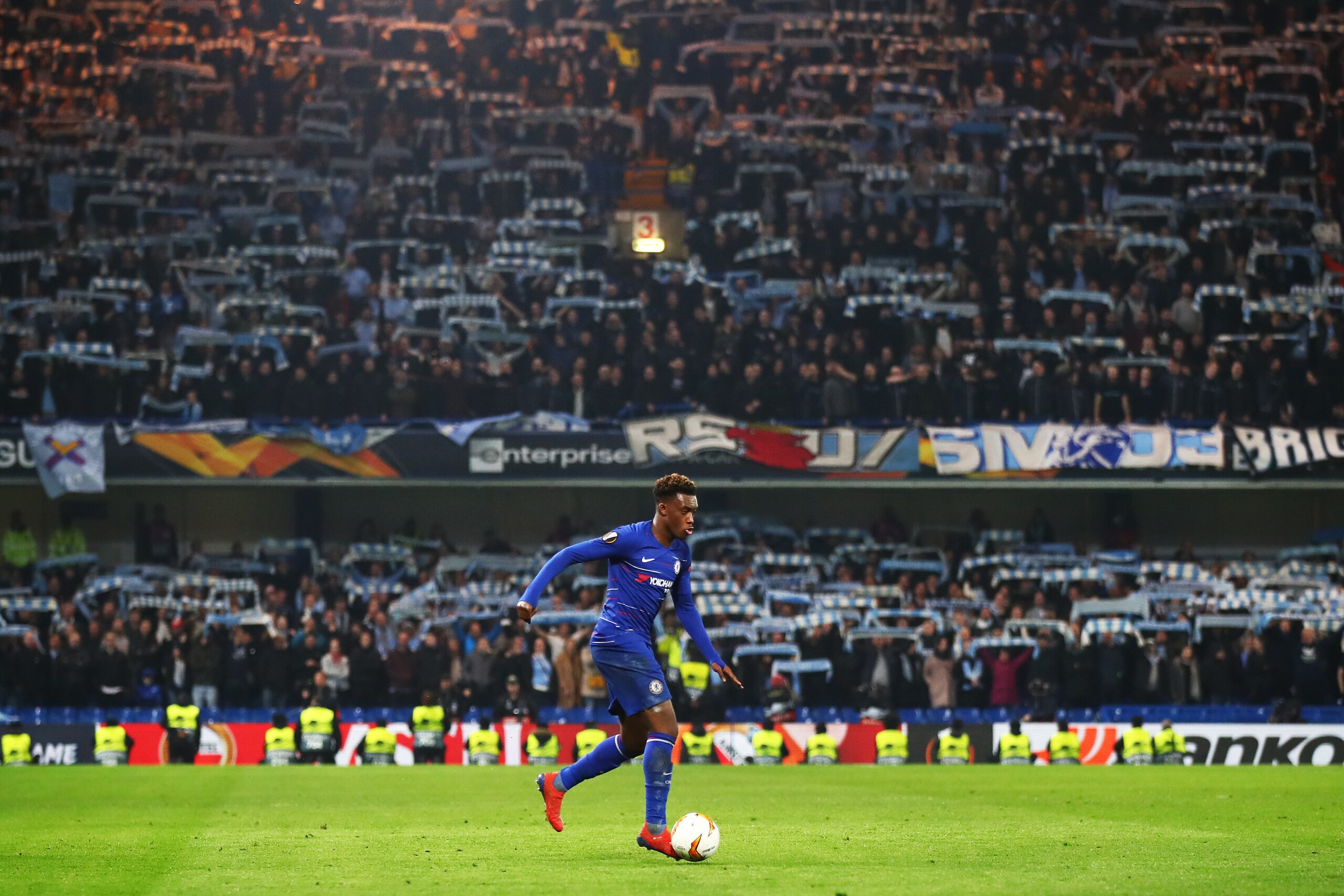 LONDON, ENGLAND - FEBRUARY 21: Callum Hudson-Odoi of Chelsea controls the ball during the UEFA Europa League Round of 32 Second Leg match between Chelsea and Malmo FF at Stamford Bridge on February 21, 2019 in London, England. (Photo by Julian Finney/Gett