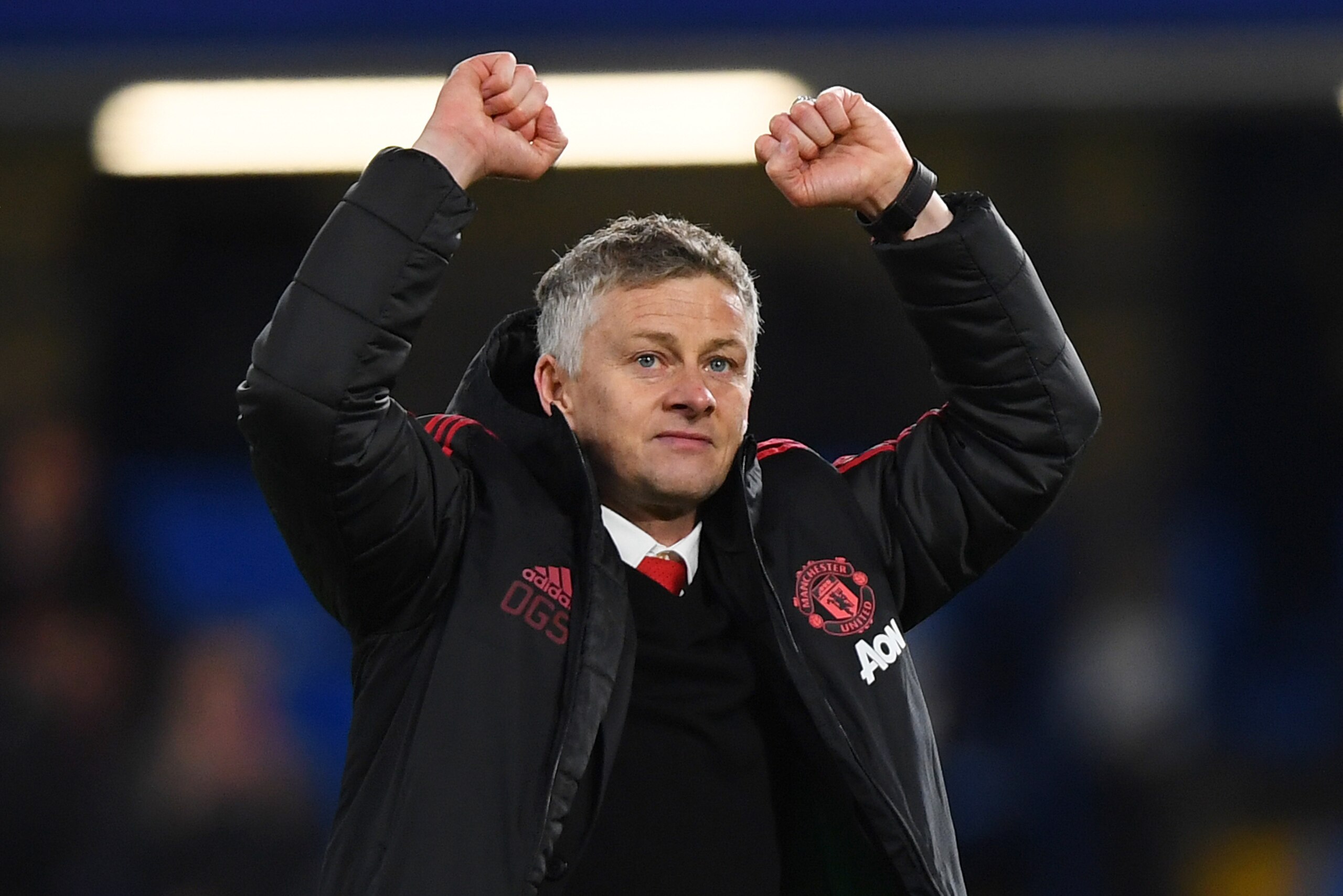 LONDON, ENGLAND - FEBRUARY 18:  Ole Gunnar Solskjaer, Interim Manager of Manchester United celebrates victory after the FA Cup Fifth Round match between Chelsea and Manchester United at Stamford Bridge on February 18, 2019 in London, United Kingdom. (Phot