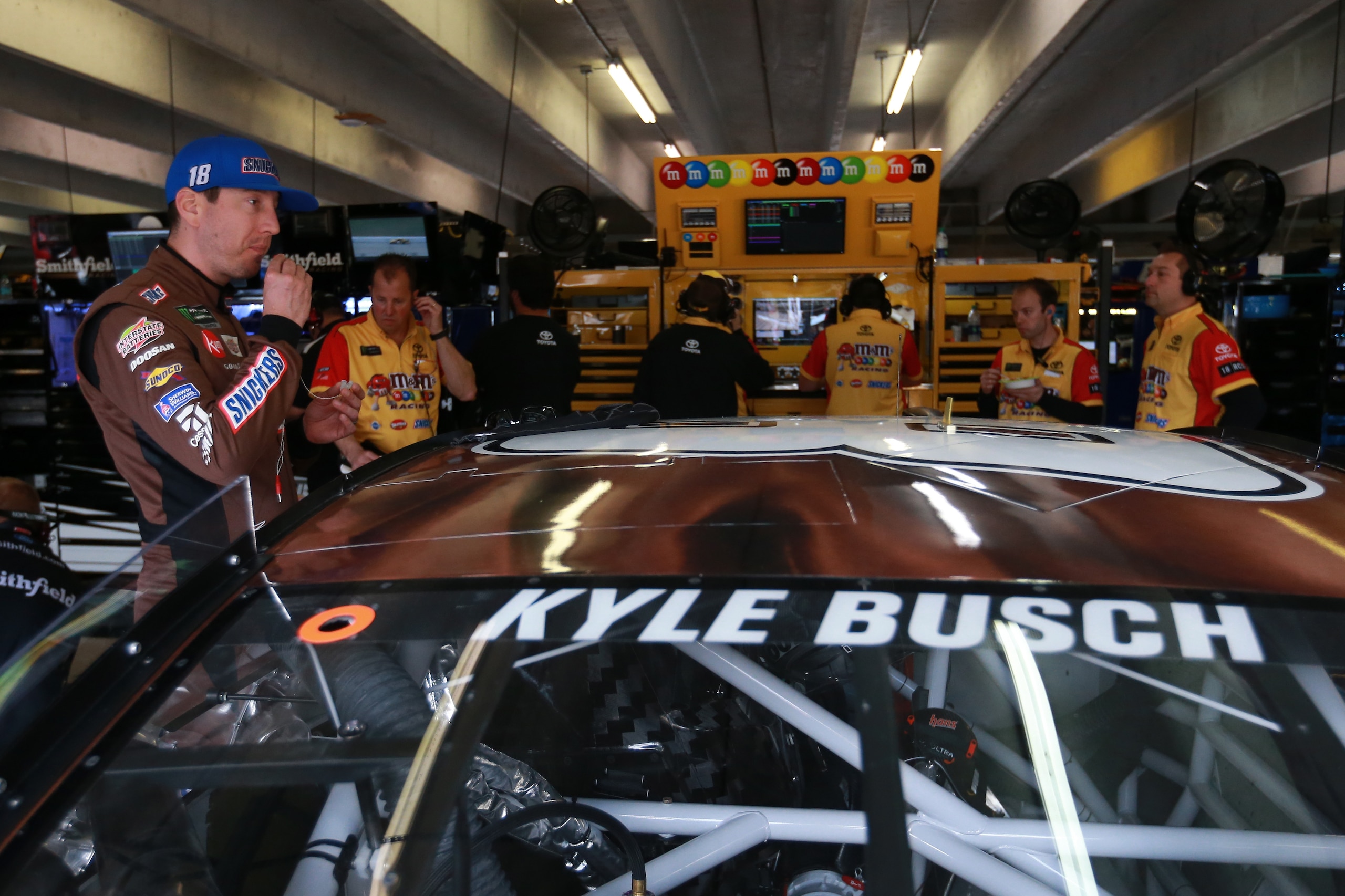 HAMPTON, GA - FEBRUARY 22:  Kyle Busch, driver of the #18 Snickers Creamy Toyota, prepares to drive during practice for the Monster Energy NASCAR Cup Series Folds of Honor Quiktrip 500 at Atlanta Motor Speedway on February 22, 2019 in Hampton, Georgia.  (