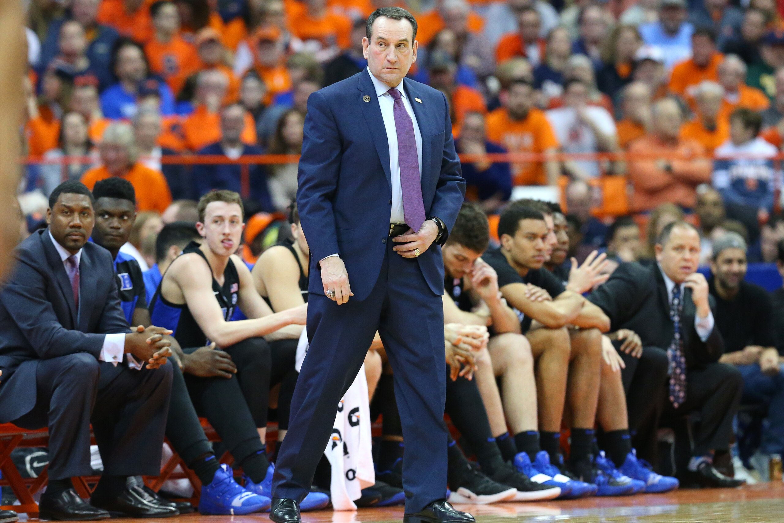 SYRACUSE, NY - FEBRUARY 23:  Head coach Mike Krzyzewski of the Duke Blue Devils reacts to a play against the Syracuse Orange during the first half at the Carrier Dome on February 23, 2019 in Syracuse, New York. (Photo by Rich Barnes/Getty Images)