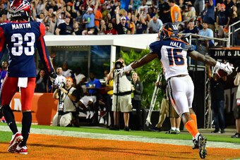 ORLANDO, FLORIDA - FEBRUARY 23: Rannell Hall #16 of the Orlando Express celebrates his touchdown against the Memphis Express during the third quarter of the Alliance of American Football game on February 23, 2019 in Orlando, Florida. (Photo by Julio Aguil