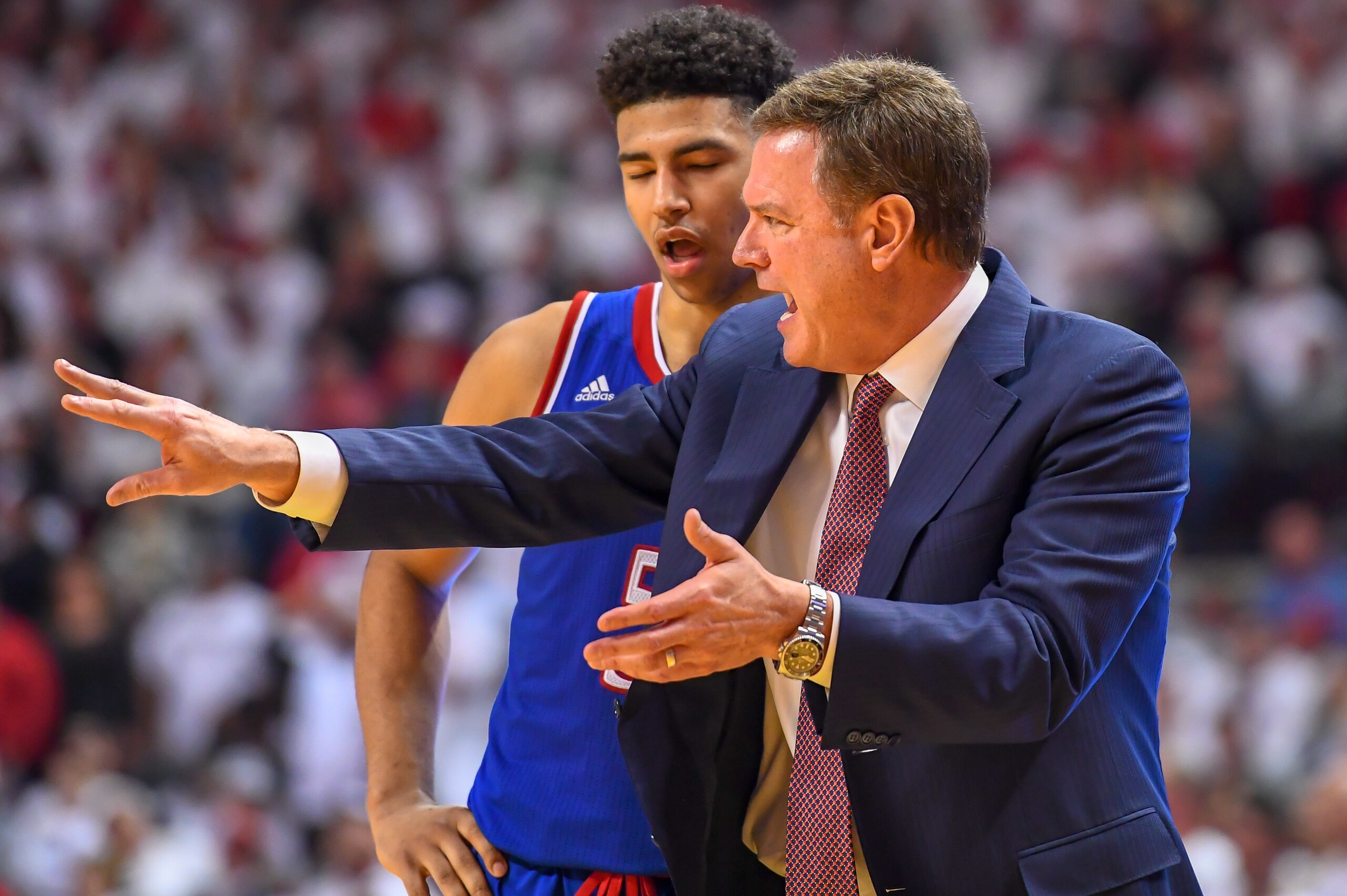 LUBBOCK, TX - FEBRUARY 23: Head coach Bill Self talks with Quentin Grimes #5 of the Kansas Jayhawks during the second half of the game against the Texas Tech Red Raiders on February 23, 2019 at United Supermarkets Arena in Lubbock, Texas. Texas Tech defea
