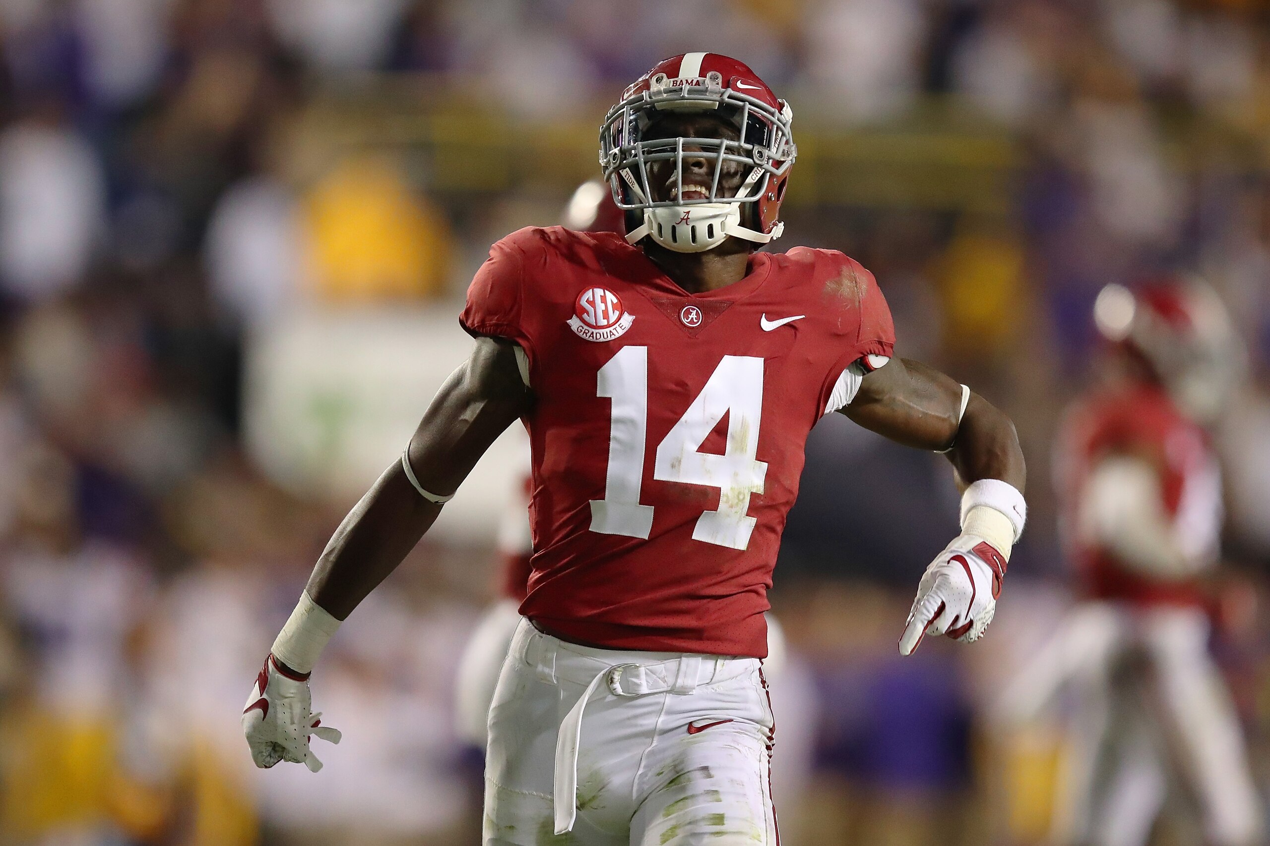 BATON ROUGE, LA - NOVEMBER 03:  Deionte Thompson #14 of the Alabama Crimson Tide reacts after the LSU Tigers missed a second half field goal at Tiger Stadium on November 3, 2018 in Baton Rouge, Louisiana. Alabama won the game 29-0. (Photo by Gregory Shamu