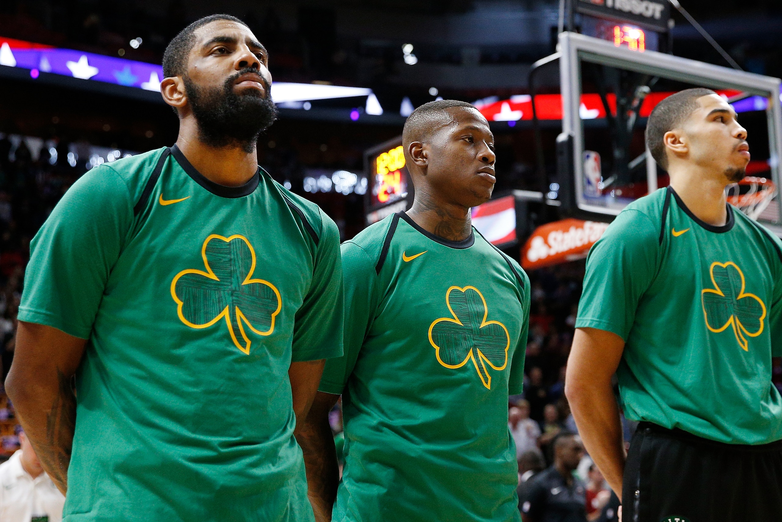 MIAMI, FL - JANUARY 10: Kyrie Irving #11, Terry Rozier #12 and Jayson Tatum #0 of the Boston Celtics prior to the game against the Miami Heat at American Airlines Arena on January 10, 2019 in Miami, Florida. NOTE TO USER: User expressly acknowledges and MIAMI, FL - JANUARY 10: Kyrie Irving #11, Terry Rozier #12 and Jayson Tatum #0 of the Boston Celtics prior to the game against the Miami Heat at American Airlines Arena on January 10, 2019 in Miami, Florida. NOTE TO USER: User expressly acknowledges and