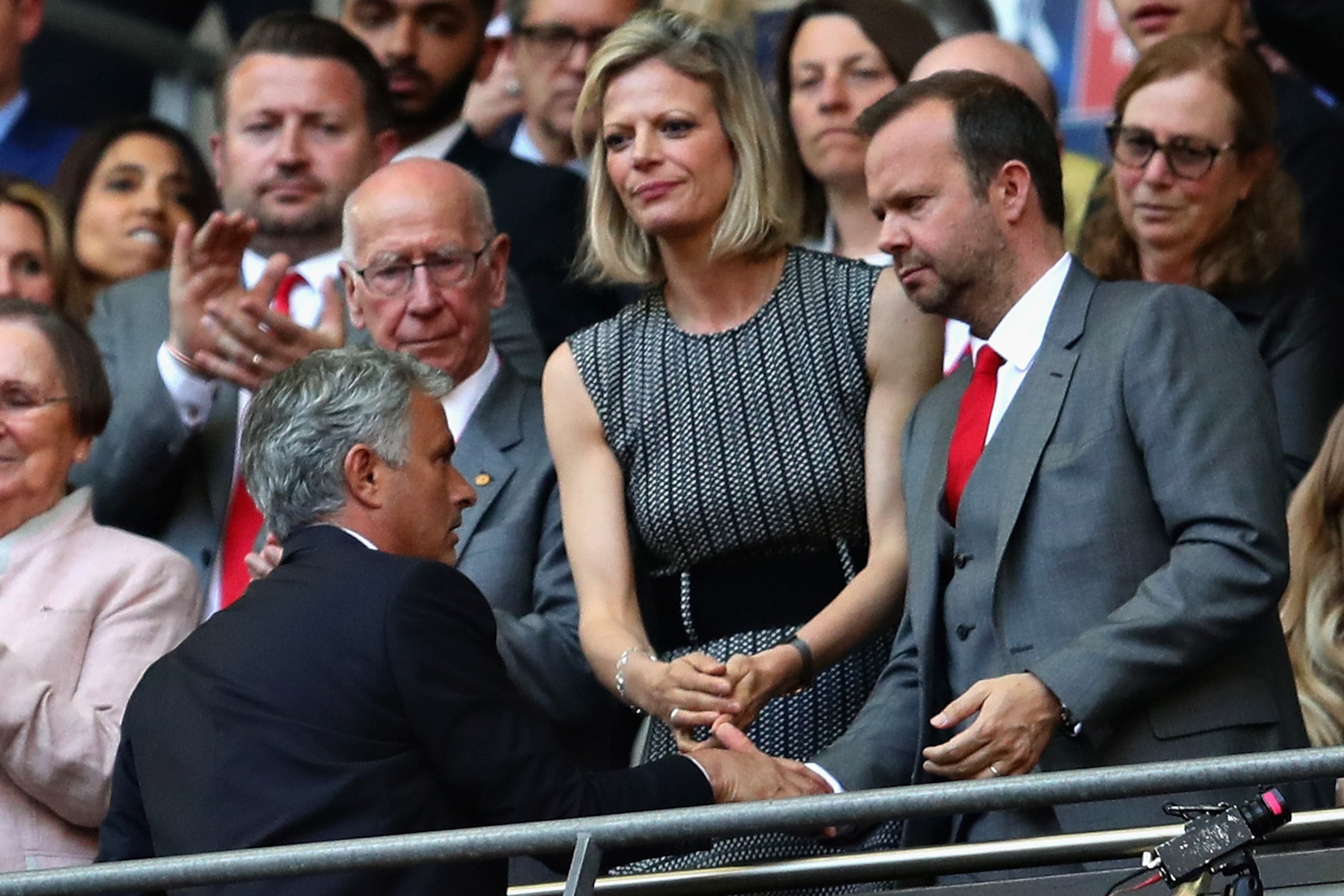 LONDON, ENGLAND - MAY 19: Manager of Manchester United Jose Mourinho shakes hands with Executive Vice Chairman of Manchester United Edward Woodward after the Emirates FA Cup Final between Chelsea and Manchester United at Wembley Stadium on May 19, 2018 in