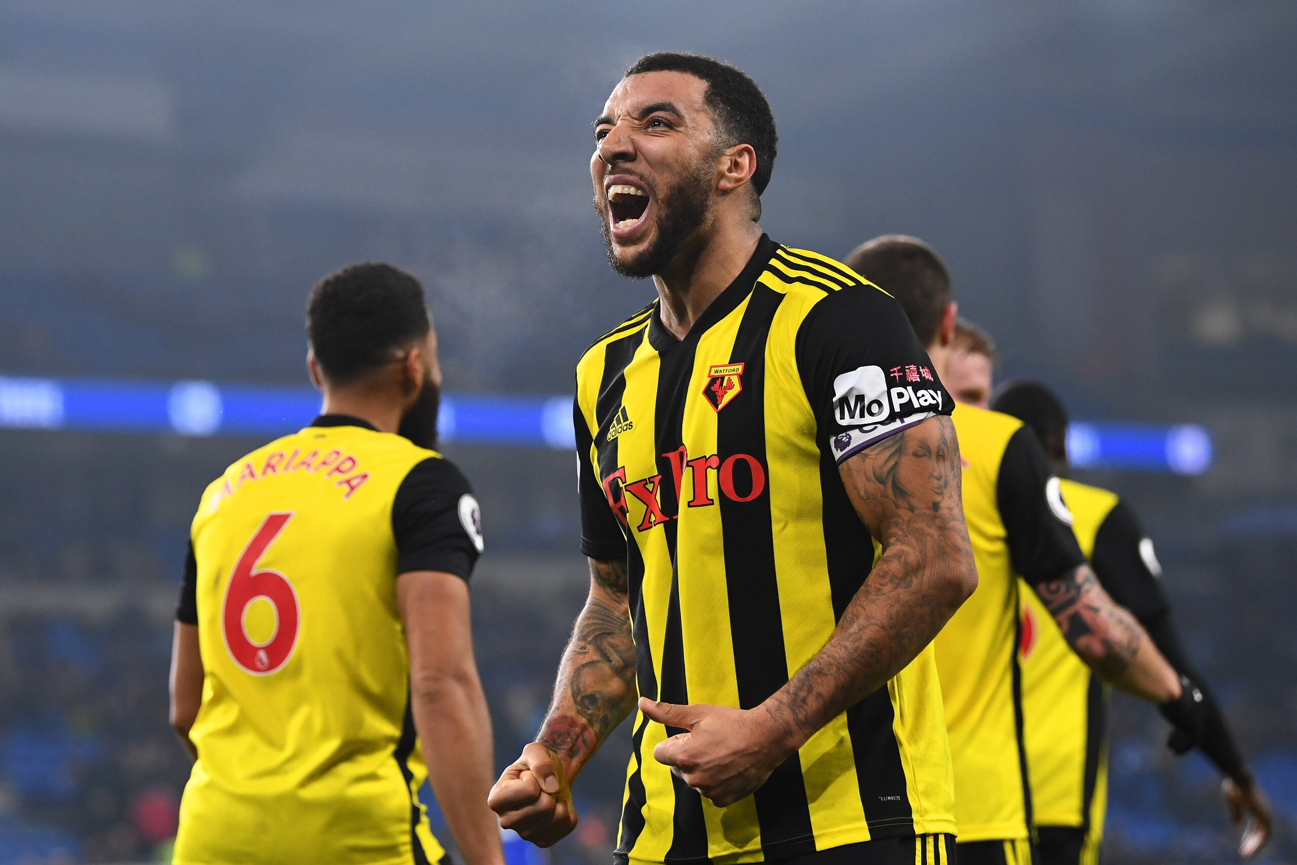 CARDIFF, WALES - FEBRUARY 22: Troy Deeney of Watford celebrates as he scores his team's fifth goal during the Premier League match between Cardiff City and Watford FC at Cardiff City Stadium on February 22, 2019 in Cardiff, United Kingdom. (Photo by Stu CARDIFF, WALES - FEBRUARY 22: Troy Deeney of Watford celebrates as he scores his team's fifth goal during the Premier League match between Cardiff City and Watford FC at Cardiff City Stadium on February 22, 2019 in Cardiff, United Kingdom. (Photo by Stu