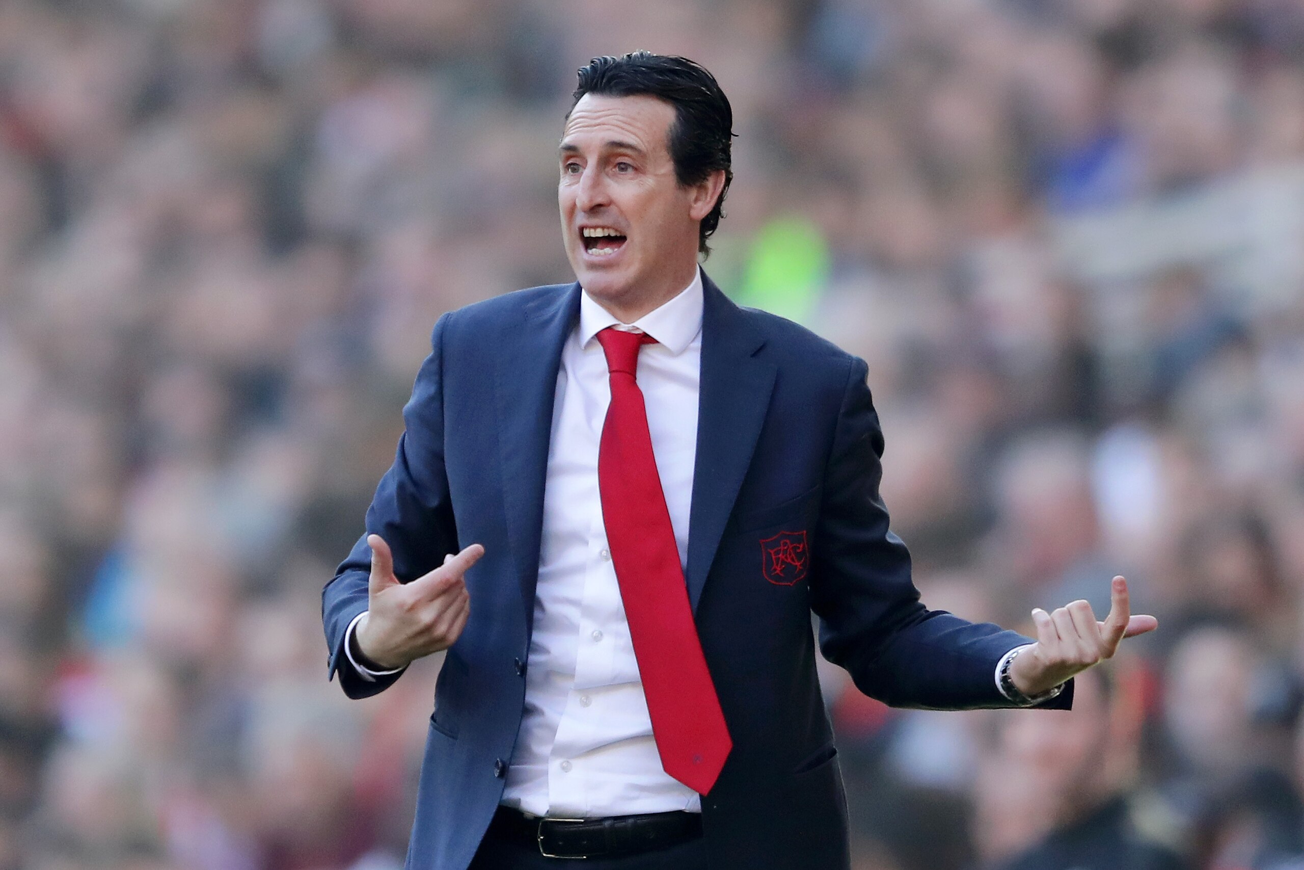 LONDON, ENGLAND - FEBRUARY 24:  Unai Emery, Manager of Arsenal gives his team instructions during the Premier League match between Arsenal FC and Southampton FC at Emirates Stadium on February 23, 2019 in London, United Kingdom.  (Photo by Richard Heathco