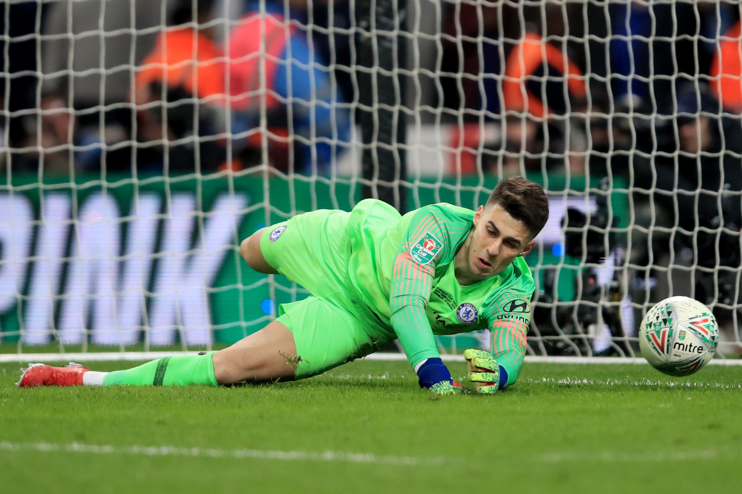 LONDON, ENGLAND - FEBRUARY 24: Kepa Arrizabalaga of Chelsea fails to save a penalty from Sergio Aguero of Manchester City during the Carabao Cup Final between Chelsea and Manchester City at Wembley Stadium on February 24, 2019 in London, England. (Photo b