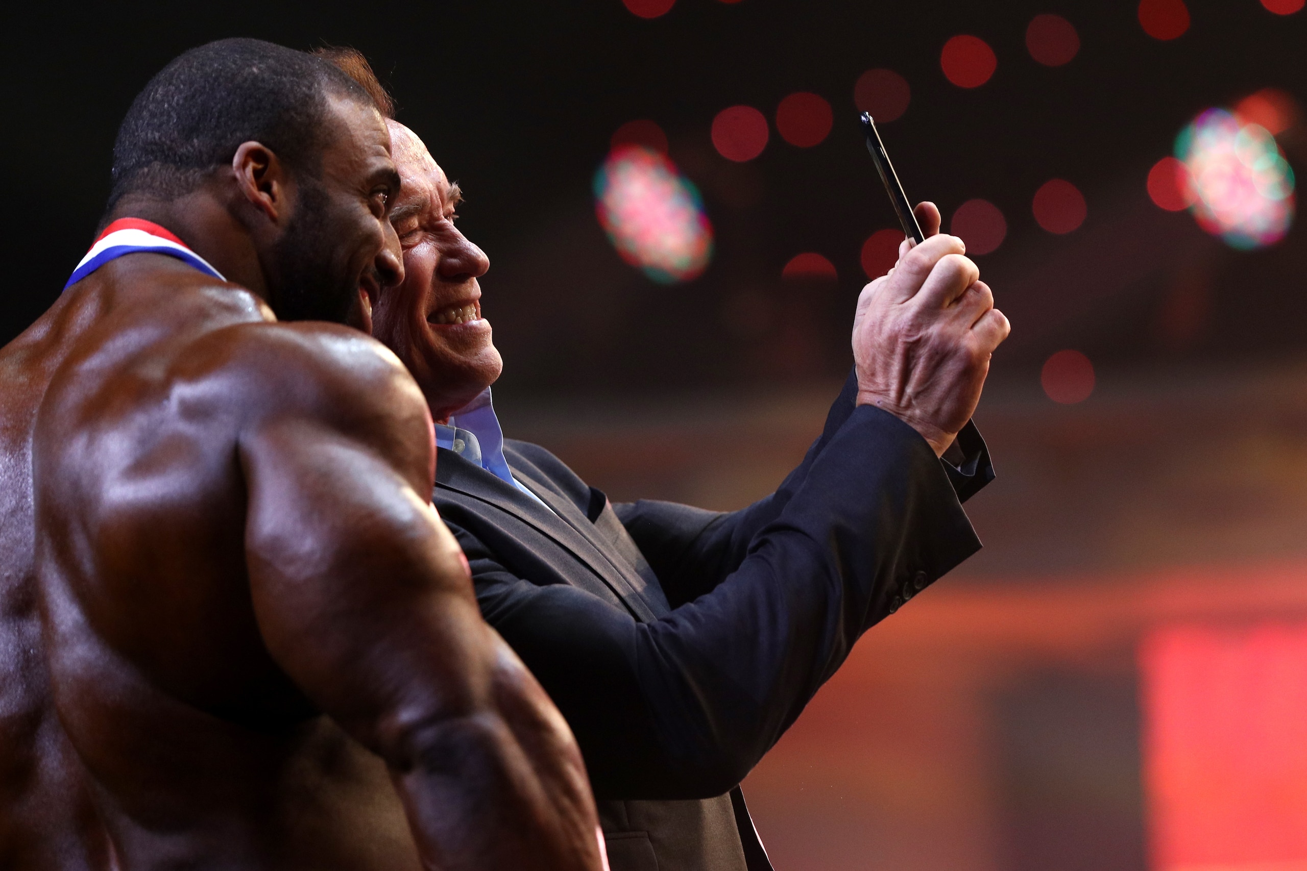 COLUMBUS, OH - MARCH 4: Arnold Schwarzenegger takes a selfie with Arnold Classic winner Cedric McMillan at the Greater Columbus Convention Center during the Arnold Sports Festival 2017 on March 4, 2017 in Columbus, Ohio. (Photo by Maddie Meyer/Getty Image COLUMBUS, OH - MARCH 4: Arnold Schwarzenegger takes a selfie with Arnold Classic winner Cedric McMillan at the Greater Columbus Convention Center during the Arnold Sports Festival 2017 on March 4, 2017 in Columbus, Ohio. (Photo by Maddie Meyer/Getty Image