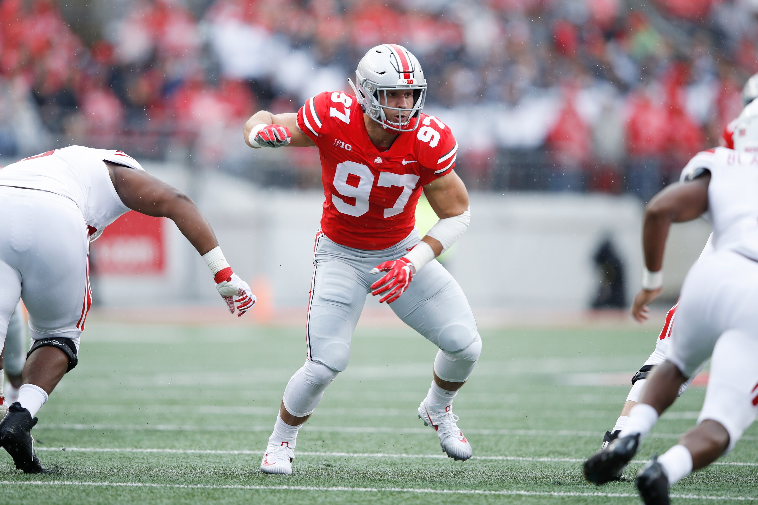 COLUMBUS, OH - SEPTEMBER 08: Nick Bosa #97 of the Ohio State Buckeyes in action during the game against the Rutgers Scarlet Knights at Ohio Stadium on September 8, 2018 in Columbus, Ohio. Ohio State won 52-3. (Photo by Joe Robbins/Getty Images)