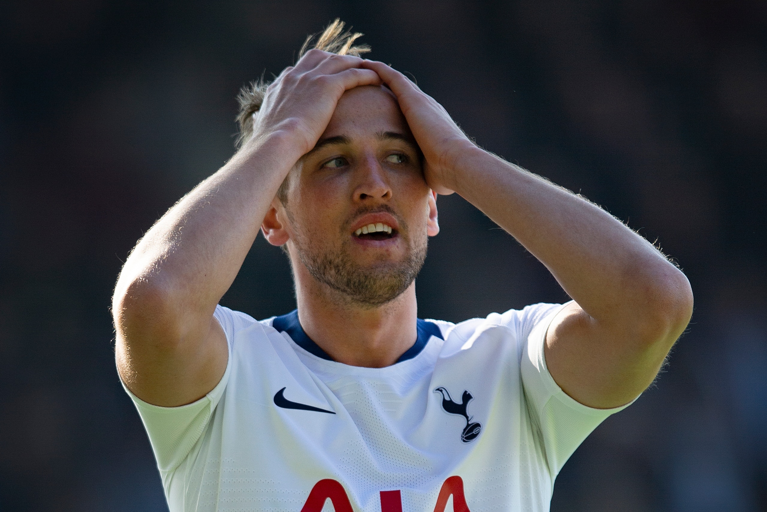 BURNLEY, ENGLAND - FEBRUARY 23: Harry Kane of Tottenham Hotspur holds his head in his hands after missing a chance during the Premier League match between Burnley FC and Tottenham Hotspur at Turf Moor on February 23, 2019 in Burnley, United Kingdom. (Phot
