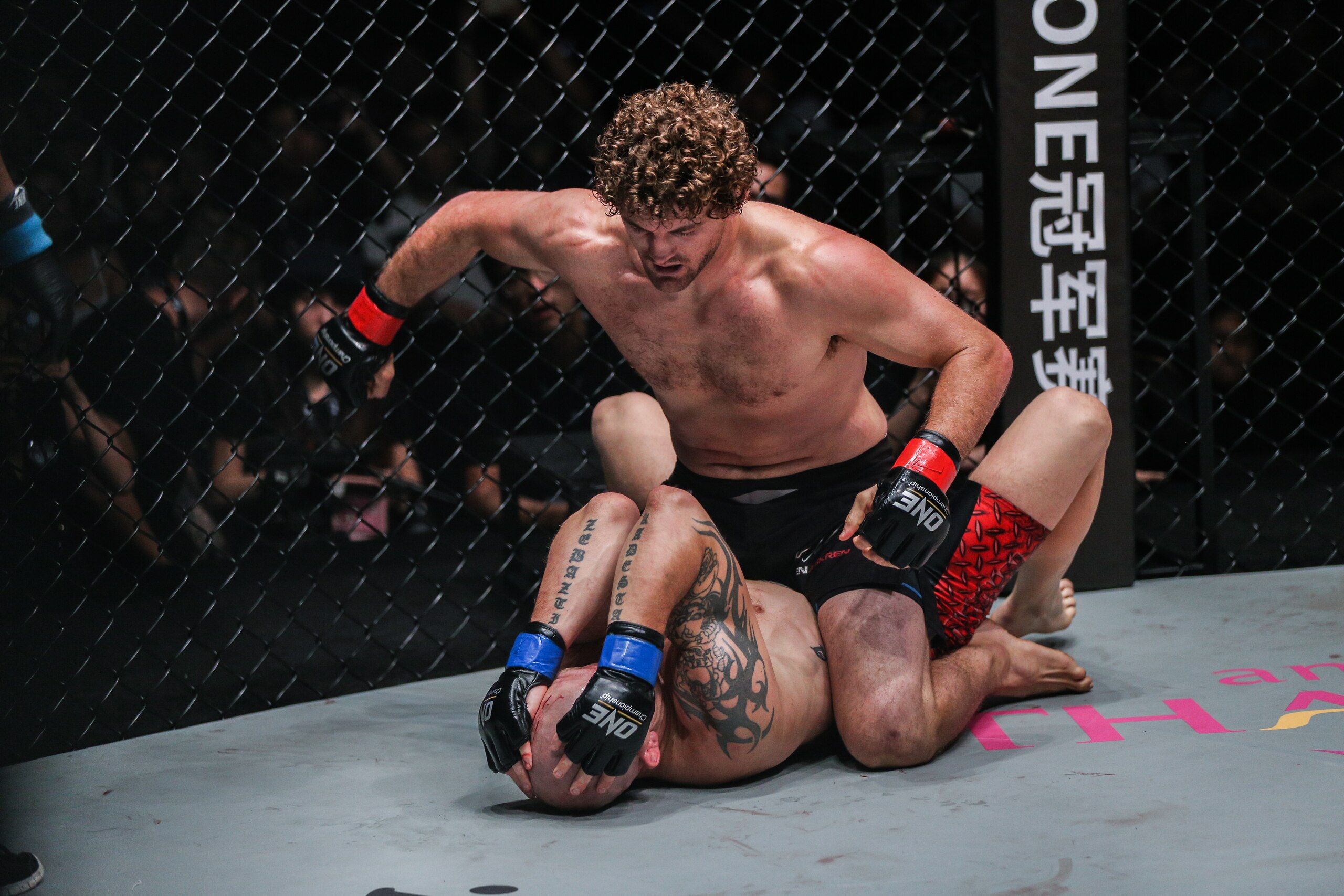 SHANGHAI, CHINA - SEPTEMBER 02: Ben Askren dominates Zebaztian Kadestam during ONE Championship: Shanghai at the Shanghai Oriental Sports Center on September 02, 2017 in Shanghai, China. (Photo by Dux Carvajal/ONE Championship/Getty Images)