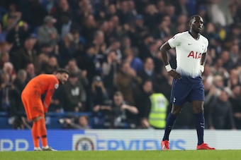 LONDON, ENGLAND - FEBRUARY 27: Moussa Sissoko of Tottenham dejected after Pedro of Chelsea scored a goal to make it 1-0 during the Premier League match between Chelsea FC and Tottenham Hotspur at Stamford Bridge on February 27, 2019 in London, United King