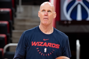 DETROIT, MI - DECEMBER 26: David Adkins, director of player development for the Washington Wizards works with the players in warms up prior to an NBA game against the Detroit Pistons at Little Caesars Arena on December 26, 2018 in Detroit, Michigan. NOTE 