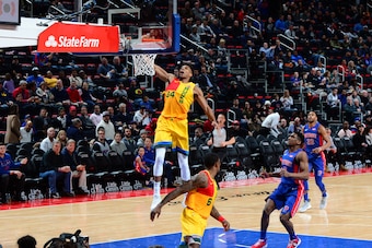 DETROIT, MI - JANUARY 29: Giannis Antetokounmpo #34 of the Milwaukee Bucks dunks the ball against the Detroit Pistons on January 29, 2019 at Little Caesars Arena in Detroit, Michigan. NOTE TO USER: User expressly acknowledges and agrees that, by downloadi