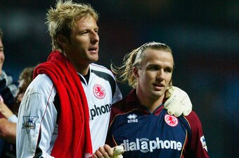 BIRMINGHAM, ENGLAND NOVEMBER 8:  Middlesbrough goalkeeper Carlos Nash (L) and goalscorer Boudewijn Zenden celebrate at the end of the Barclaycard Premiership match between Aston Villa and Middlesbrough at Villa Park on November 8, 2003  in Birmingham, Eng