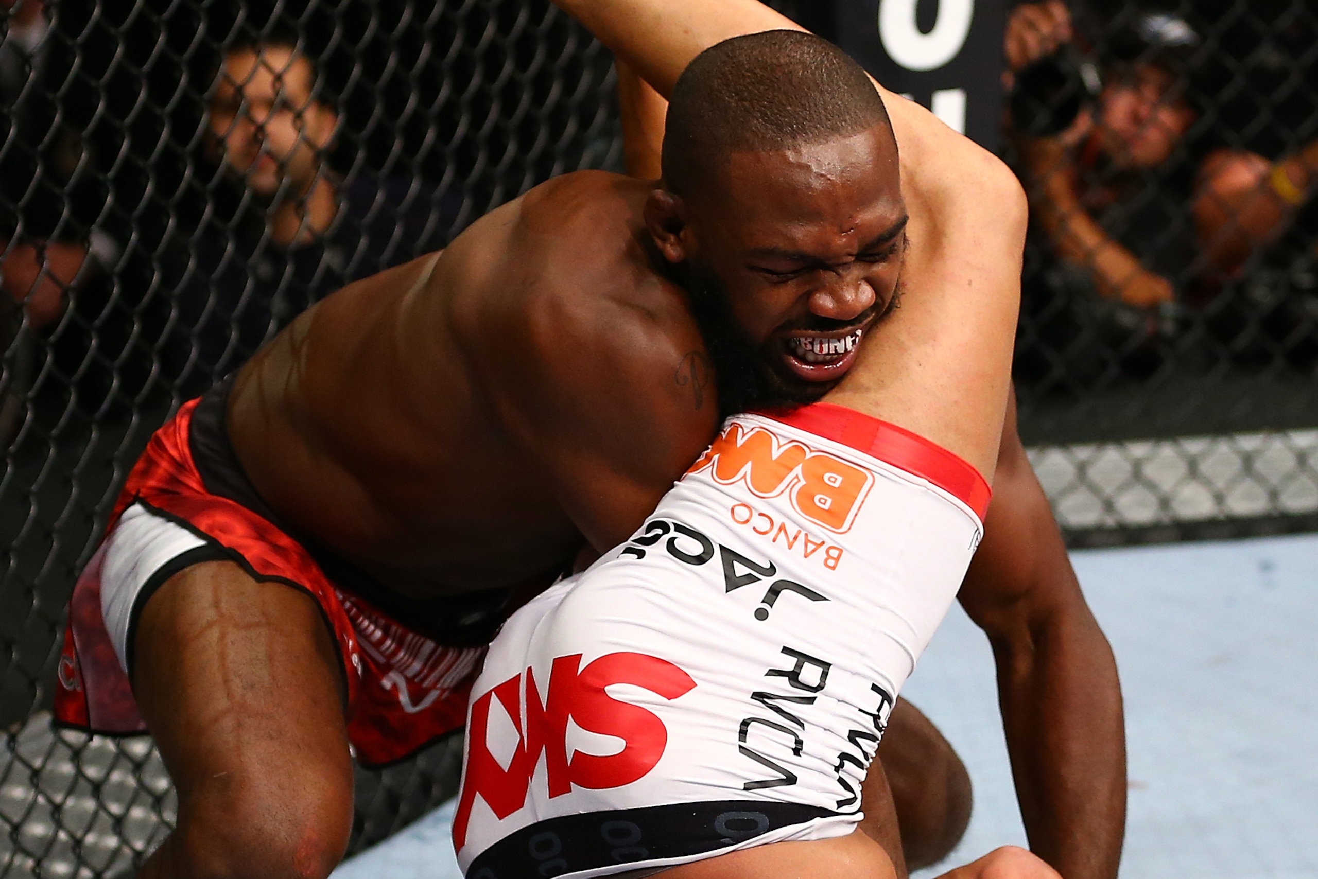 TORONTO, CANADA - SEPTEMBER 22:    (R-L) Vitor Belfort attempts an arm bar submission against Jon 'Bones' Jones during their light heavyweight championship bout at UFC 152 inside Air Canada Centre on September 22, 2012 in Toronto, Ontario, Canada.  (Photo