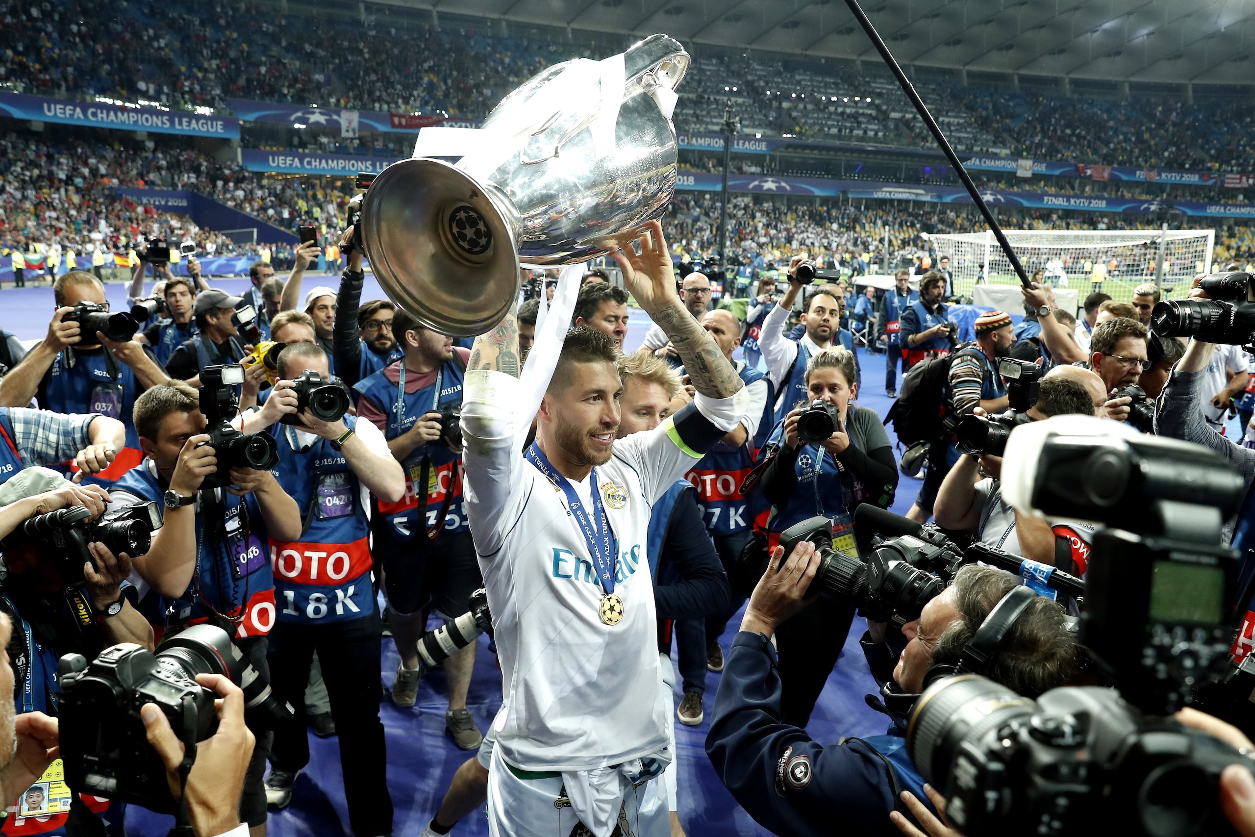 (L-R) Sergio Ramos of Real Madrid with UEFA Champions League trophy, Coupe des clubs Champions Europeens during the UEFA Champions League final between Real Madrid and Liverpool on May 26, 2018 at NSC Olimpiyskiy Stadium in Kyiv, Ukraine(Photo by VI Image
