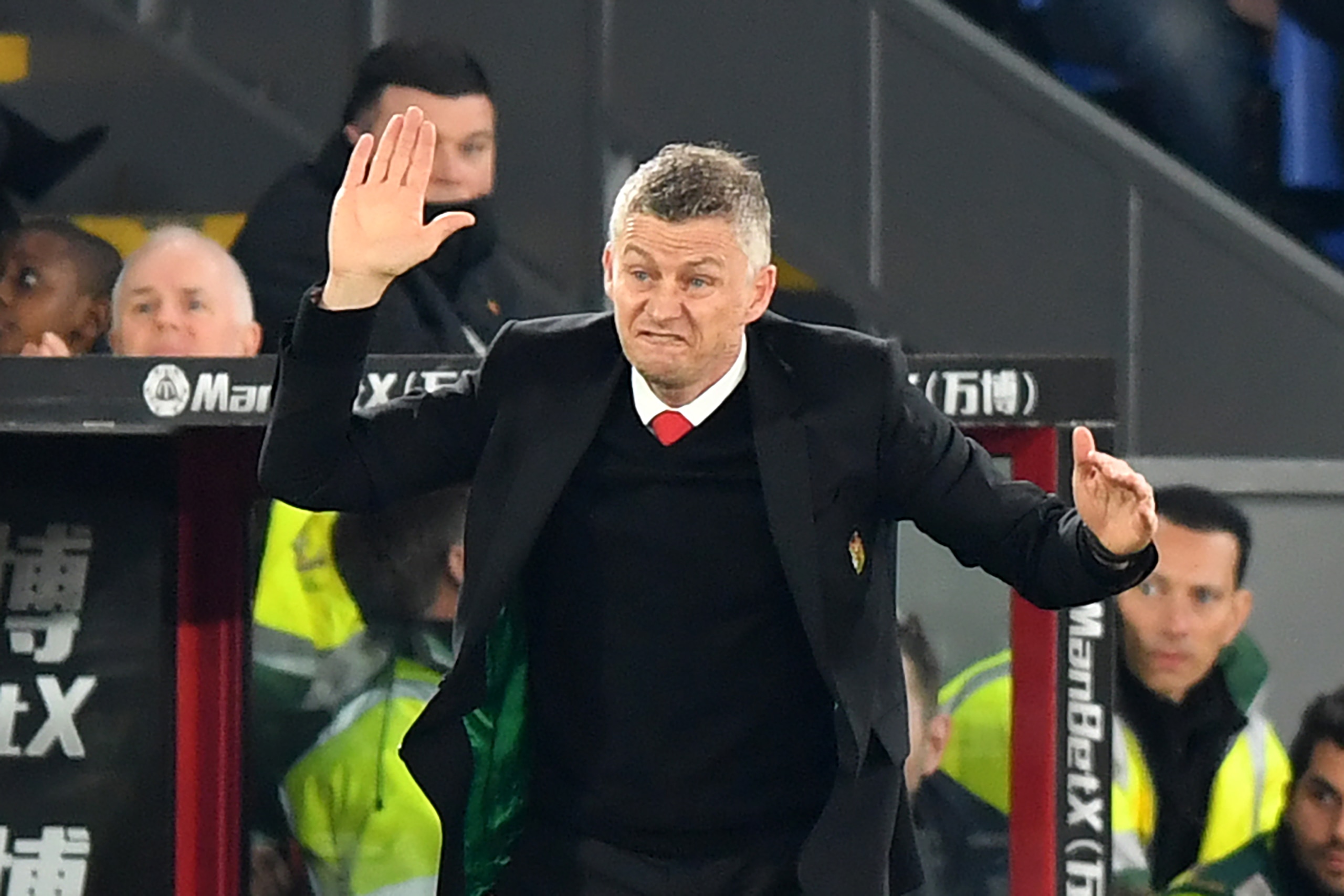 Manchester United's  Norwegian caretaker manager Ole Gunnar Solskjaer gestures on the touchline during the English Premier League football match between Crystal Palace and Manchester United at Selhurst Park in south London on February 27, 2019. (Photo by 