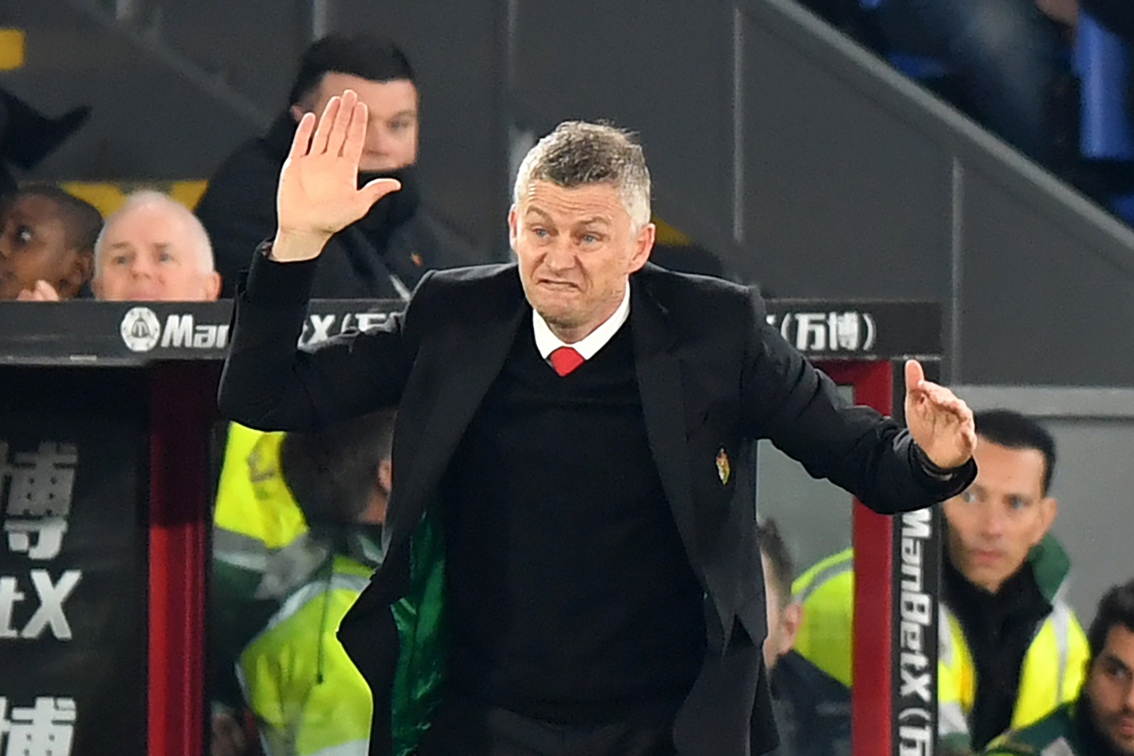Manchester United's  Norwegian caretaker manager Ole Gunnar Solskjaer gestures on the touchline during the English Premier League football match between Crystal Palace and Manchester United at Selhurst Park in south London on February 27, 2019. (Photo by 