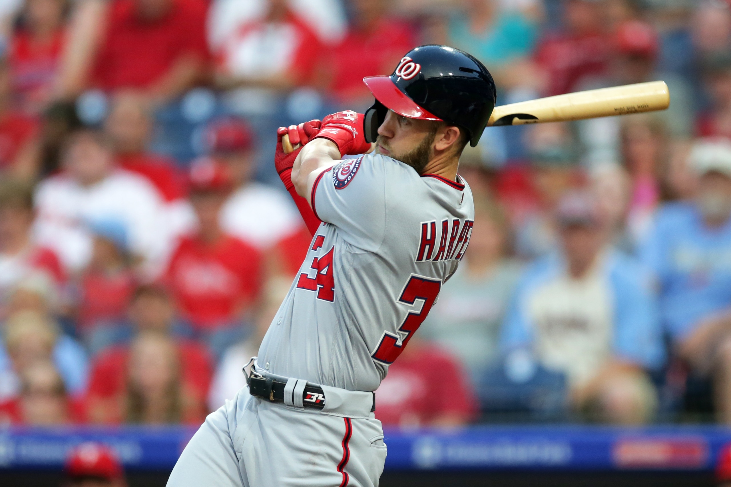 PHILADELPHIA, PA - AUGUST 27: Bryce Harper #34 of the Washington Nationals during a game against the Philadelphia Phillies at Citizens Bank Park on August 27, 2018 in Philadelphia, Pennsylvania. The Nationals won 5-3. (Photo by Hunter Martin/Getty Images) PHILADELPHIA, PA - AUGUST 27: Bryce Harper #34 of the Washington Nationals during a game against the Philadelphia Phillies at Citizens Bank Park on August 27, 2018 in Philadelphia, Pennsylvania. The Nationals won 5-3. (Photo by Hunter Martin/Getty Images)
