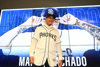 PEORIA, ARIZONA - FEBRUARY 22: Manny Machado #8 of the San Diego Padres smiles during a press conference at Peoria Stadium on February 22, 2019 in Peoria, Arizona. (Photo by Jennifer Stewart/Getty Images)