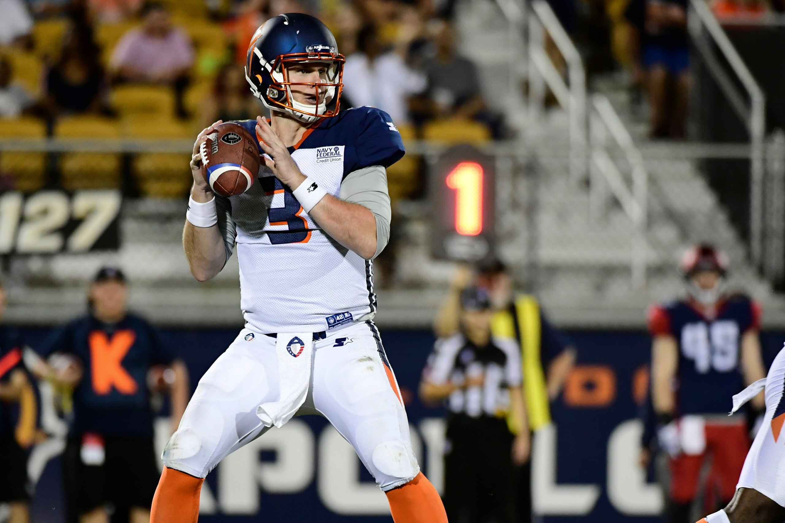 ORLANDO, FL - FEBRUARY 23: Garrett Gilbert #3 of Orlando Apollos looks to pass the ball during the second half of an Alliance of American Football game against the Memphis Express on February 23, 2019 at Spectrum Stadium in Orlando, Florida.  (Photo by Ju