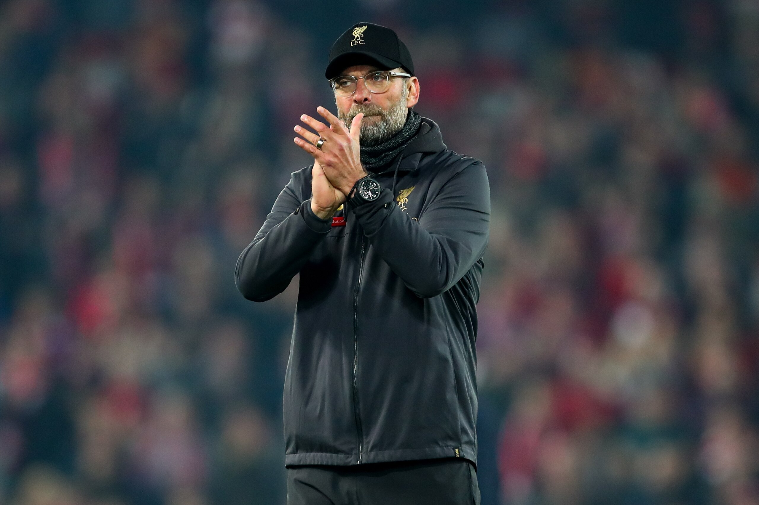 LIVERPOOL, ENGLAND - FEBRUARY 27: Jurgen Klopp manager / head coach of Liverpool applauds the fans during the Premier League match between Liverpool FC and Watford FC at Anfield on February 27, 2019 in Liverpool, United Kingdom. (Photo by Robbie Jay Barra