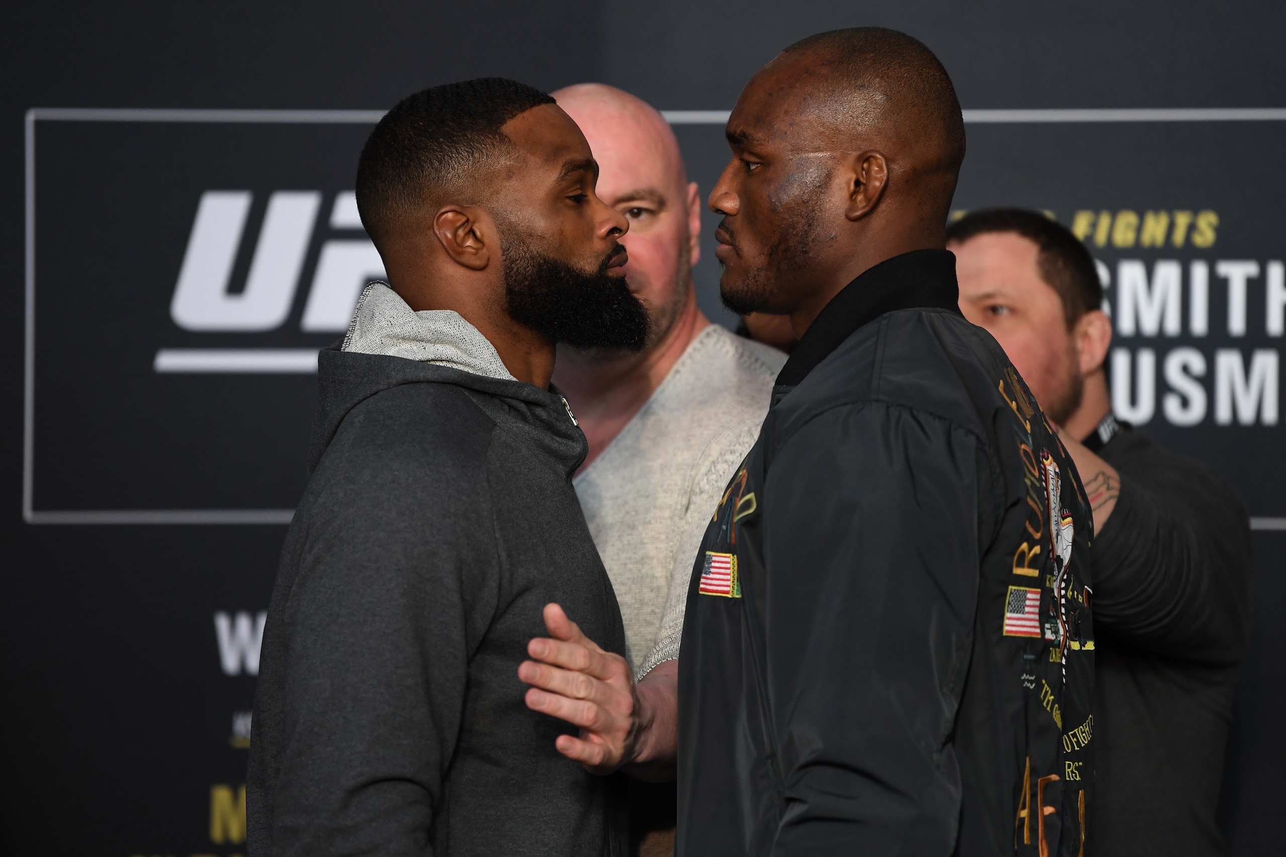 LAS VEGAS, NEVADA - FEBRUARY 27:  (L-R) Tyron Woodley and Kamaru Usman face off during the UFC 235 Ultimate Media Day at T-Mobile Arena on February 27, 2019 in Las Vegas, Nevada. (Photo by Jeff Bottari/Zuffa LLC/Zuffa LLC via Getty Images)
