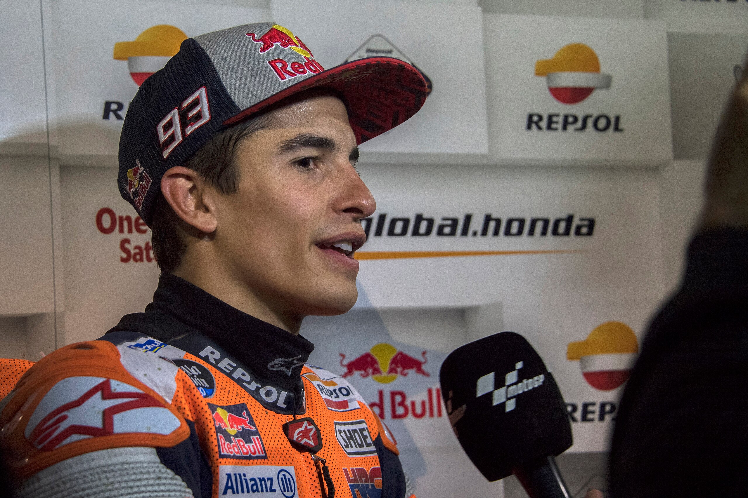 DOHA, QATAR - FEBRUARY 24: Marc Marquez of Spain and Repsol Honda Team speaks with journalists in paddock during the MotoGP Tests - Day Two at Losail Circuit on February 24, 2019 in Doha, Qatar. (Photo by Mirco Lazzari gp/Getty Images)