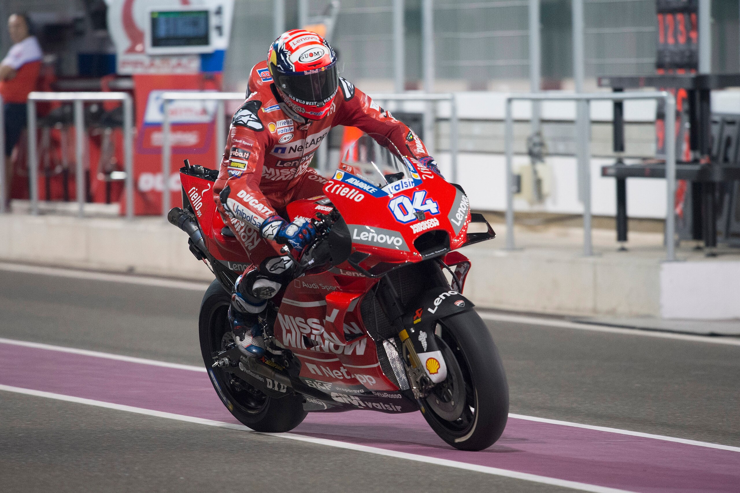 DOHA, QATAR - FEBRUARY 23: Andrea Dovizioso of Italy and Ducati Team starts from box during the MotoGP Tests - Day One at Losail Circuit on February 23, 2019 in Doha, Qatar. (Photo by Mirco Lazzari gp/Getty Images)